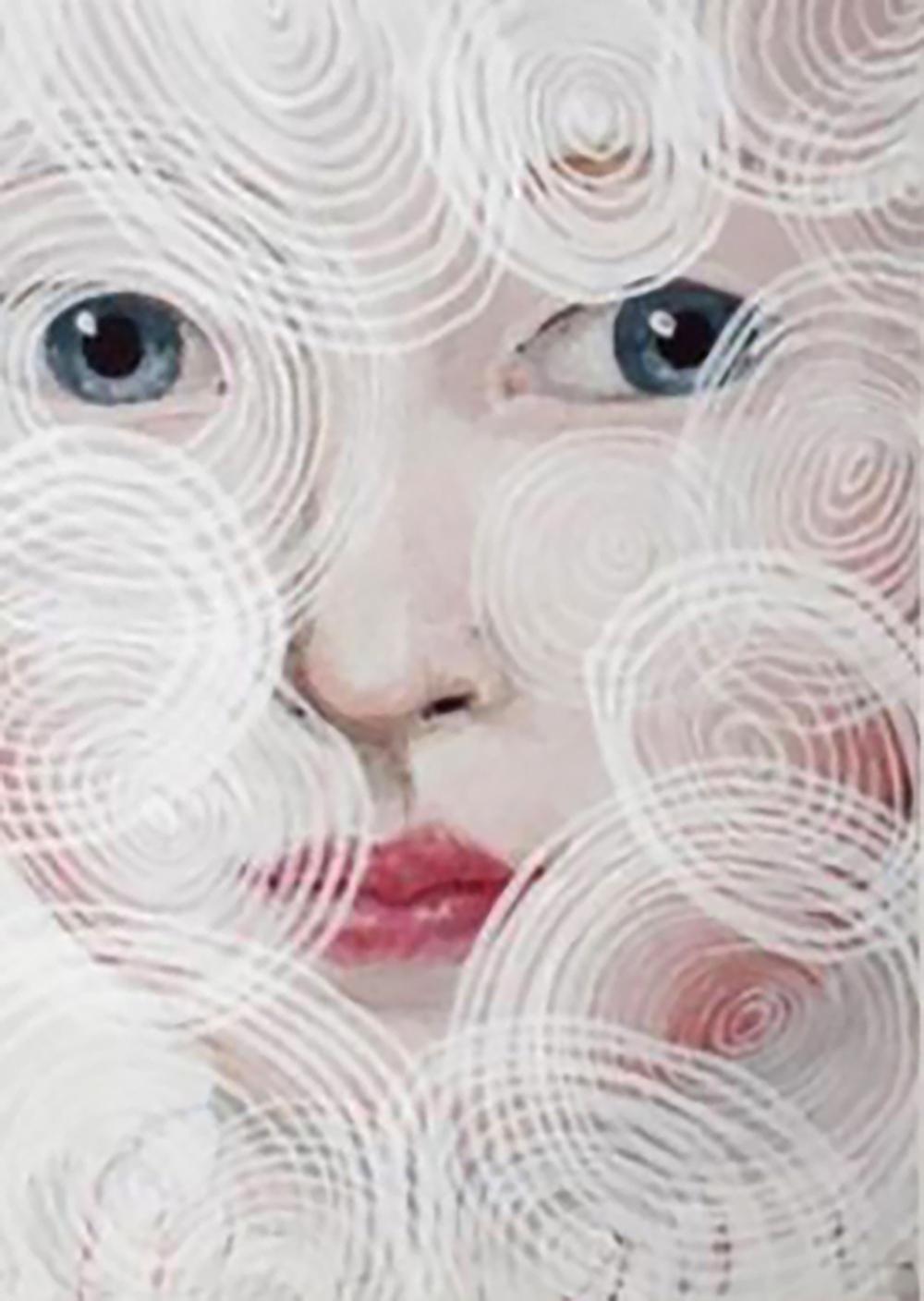 « O.W. « Circles » d'Anne Siems, peinture avec portrait de femme, sur papier, encadrée
