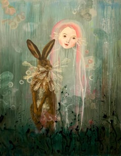 "Rabbit Magic" by Anne Siems, Surreal figurative painting, girl with pink hair