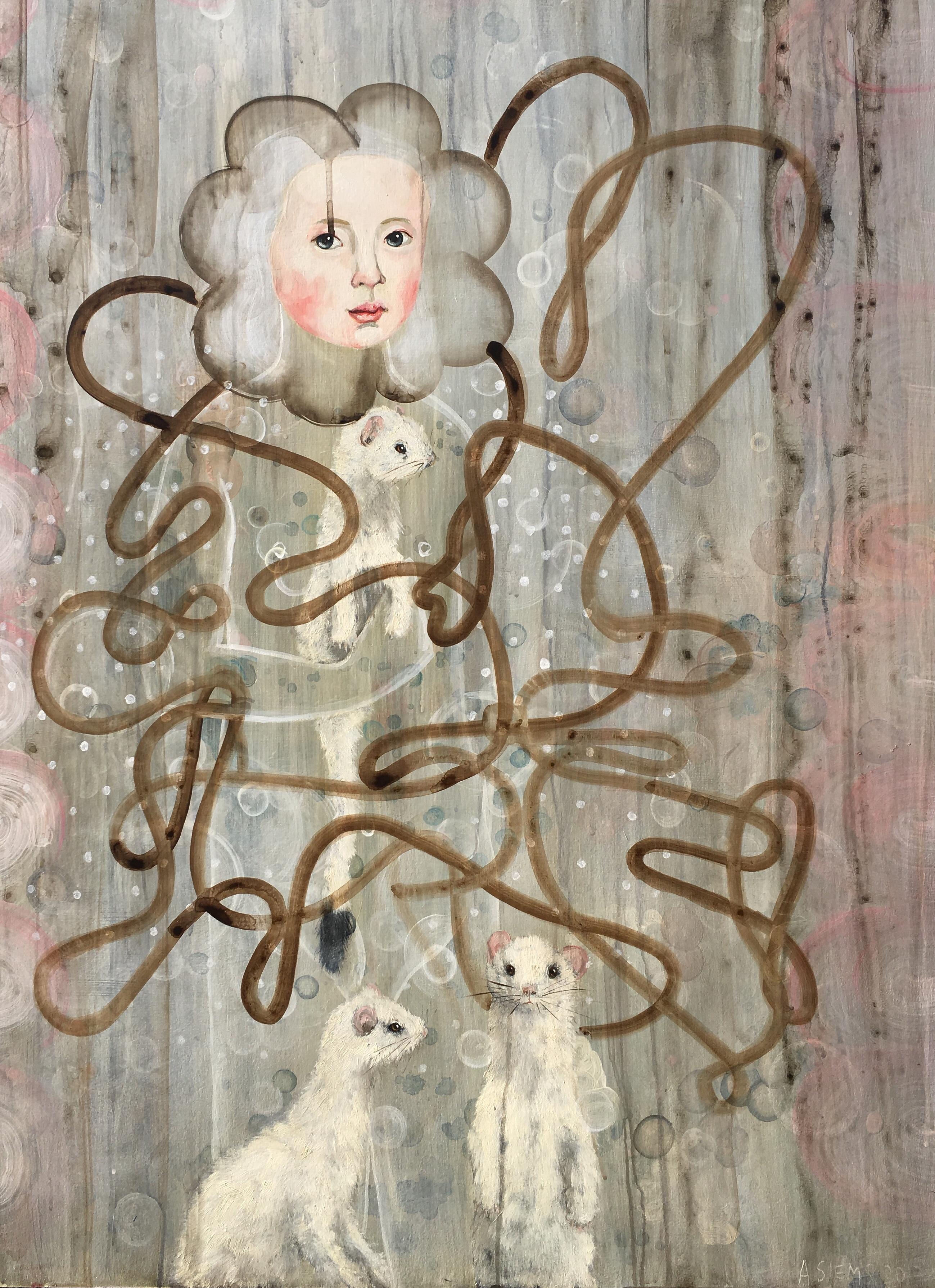 Des motifs fluides, une palette poudrée et un symbolisme séduisant vous invitent dans le monde puissamment enchanteur d'Anne Siems. Comme beaucoup de ses œuvres, "Hermine" équilibre la lumière et l'obscurité, la magie, la sensualité, la vie, le