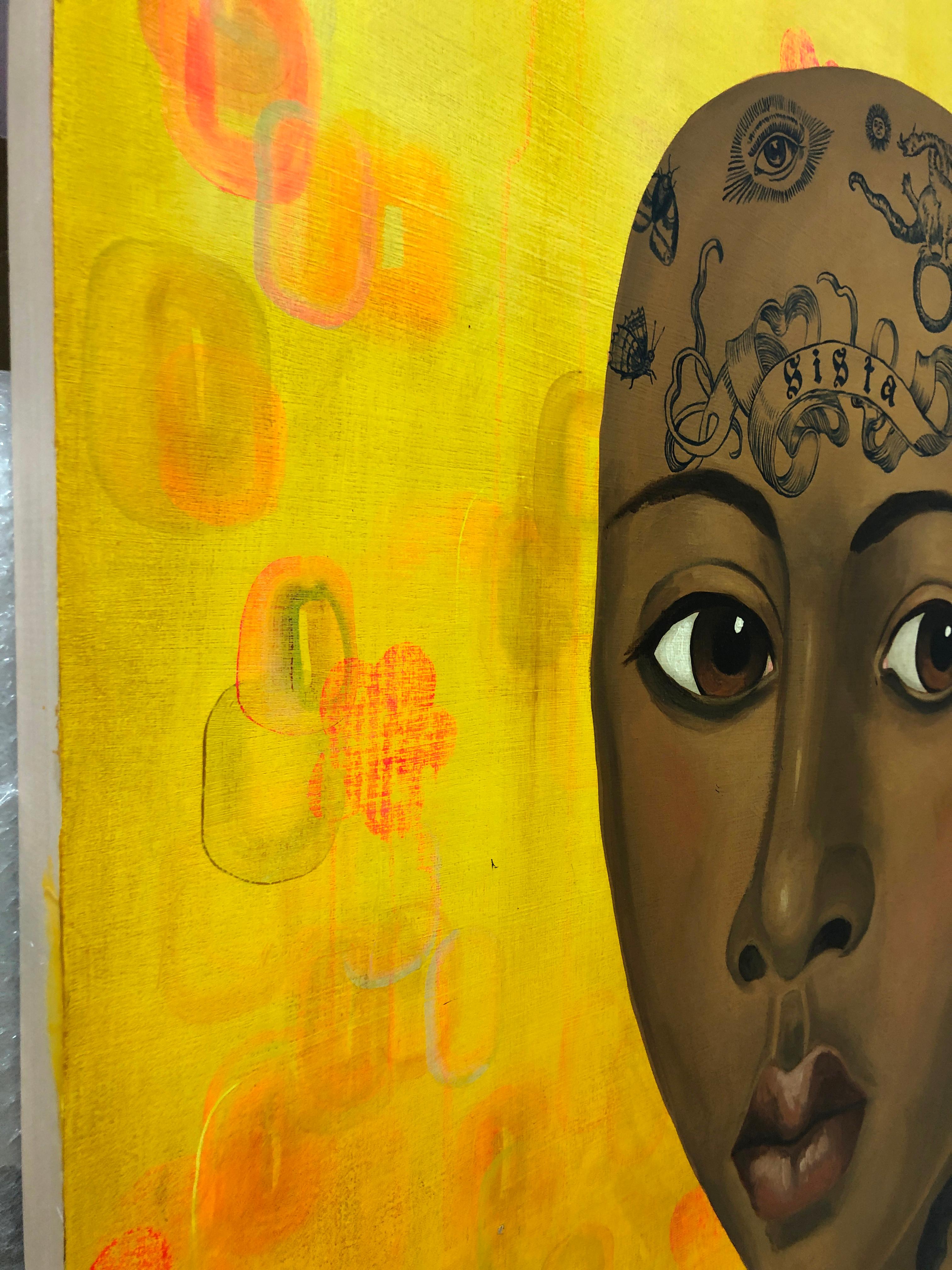 Sistah, Surreal Figurative Portrait with Symbolic Tattoos and golden background For Sale 5