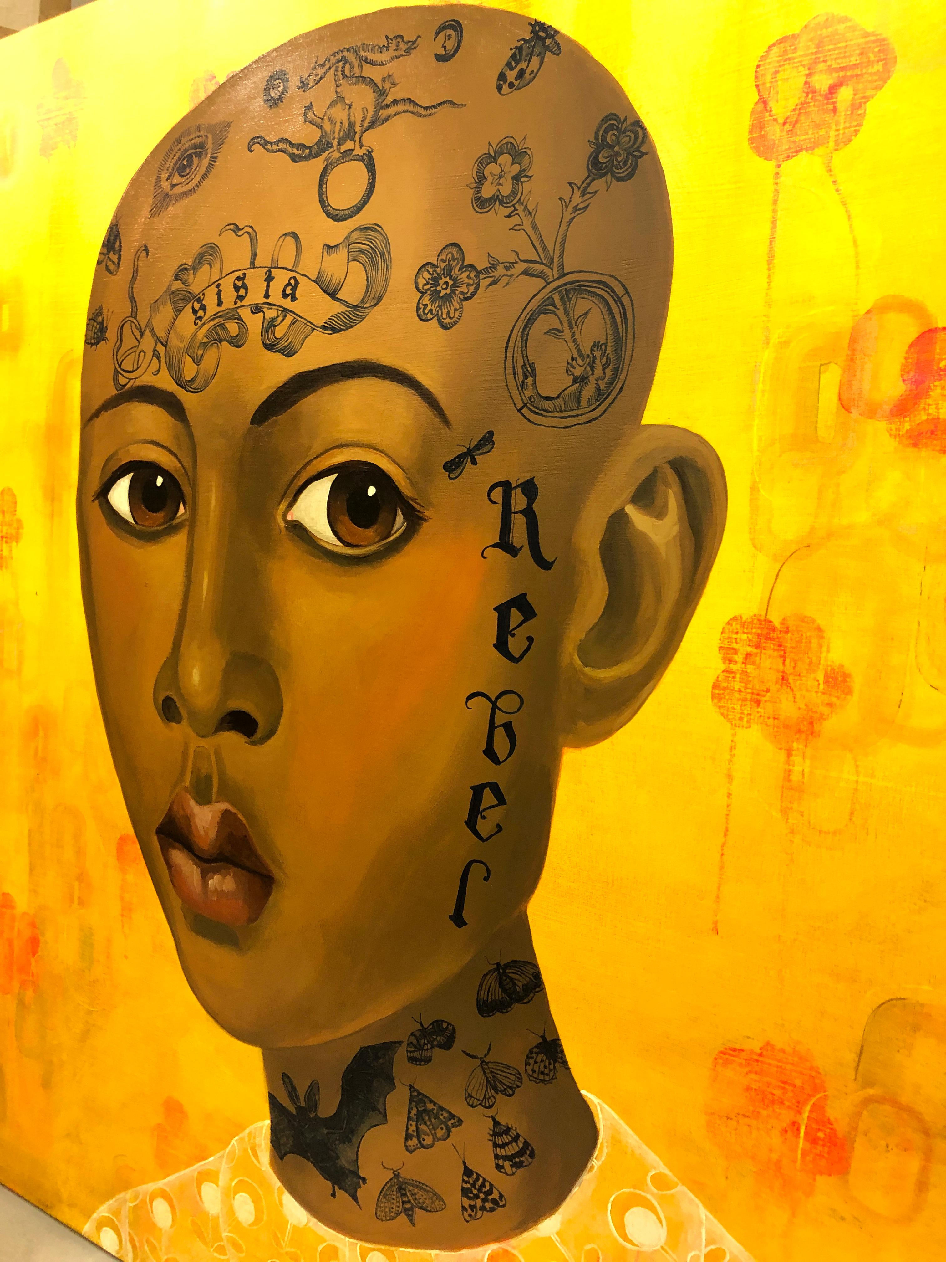Sistah, Surreal Figurative Portrait with Symbolic Tattoos and golden background - Painting by Anne Siems