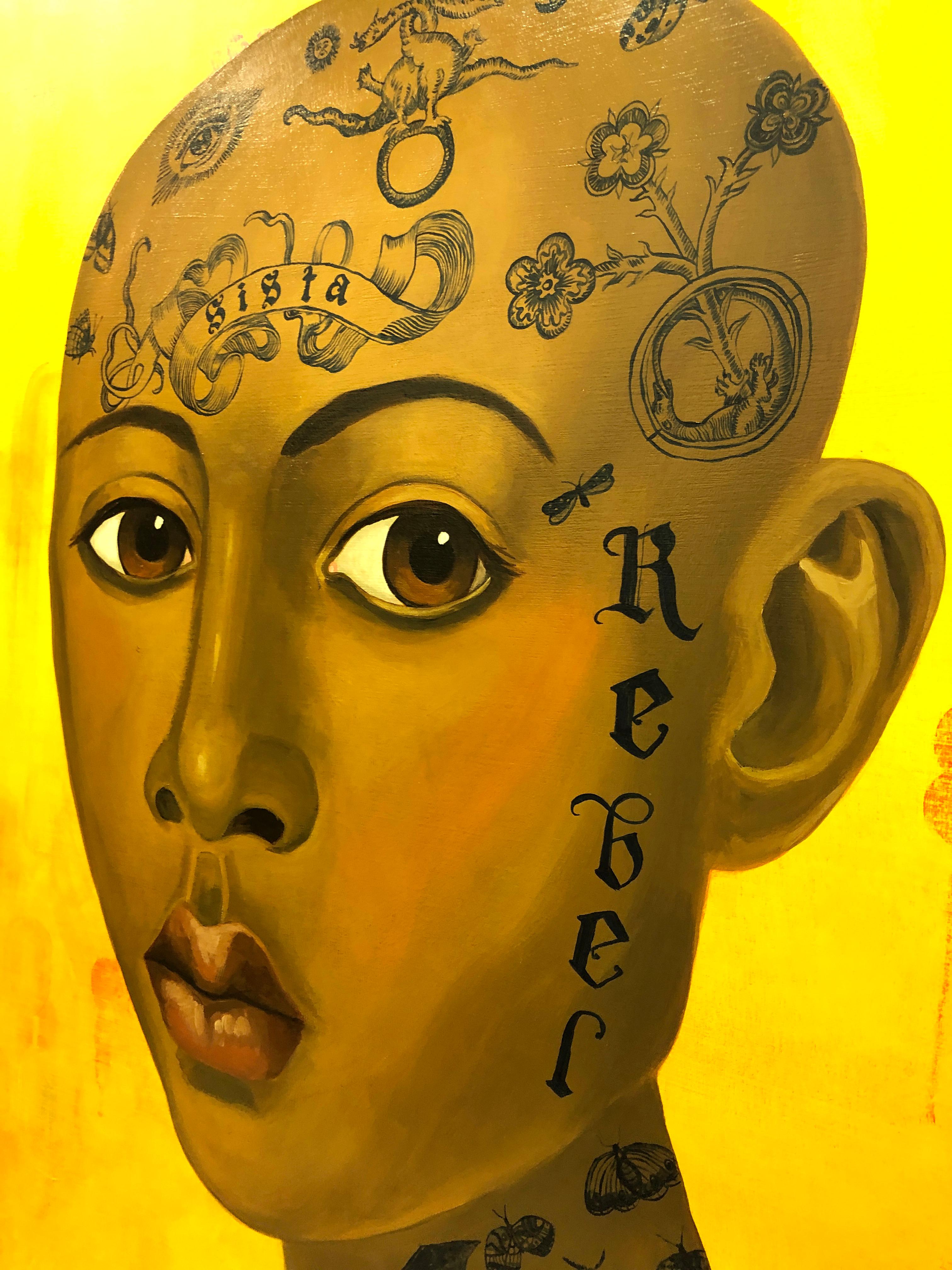 Sistah, Surreal Figurative Portrait with Symbolic Tattoos and golden background - Contemporary Painting by Anne Siems