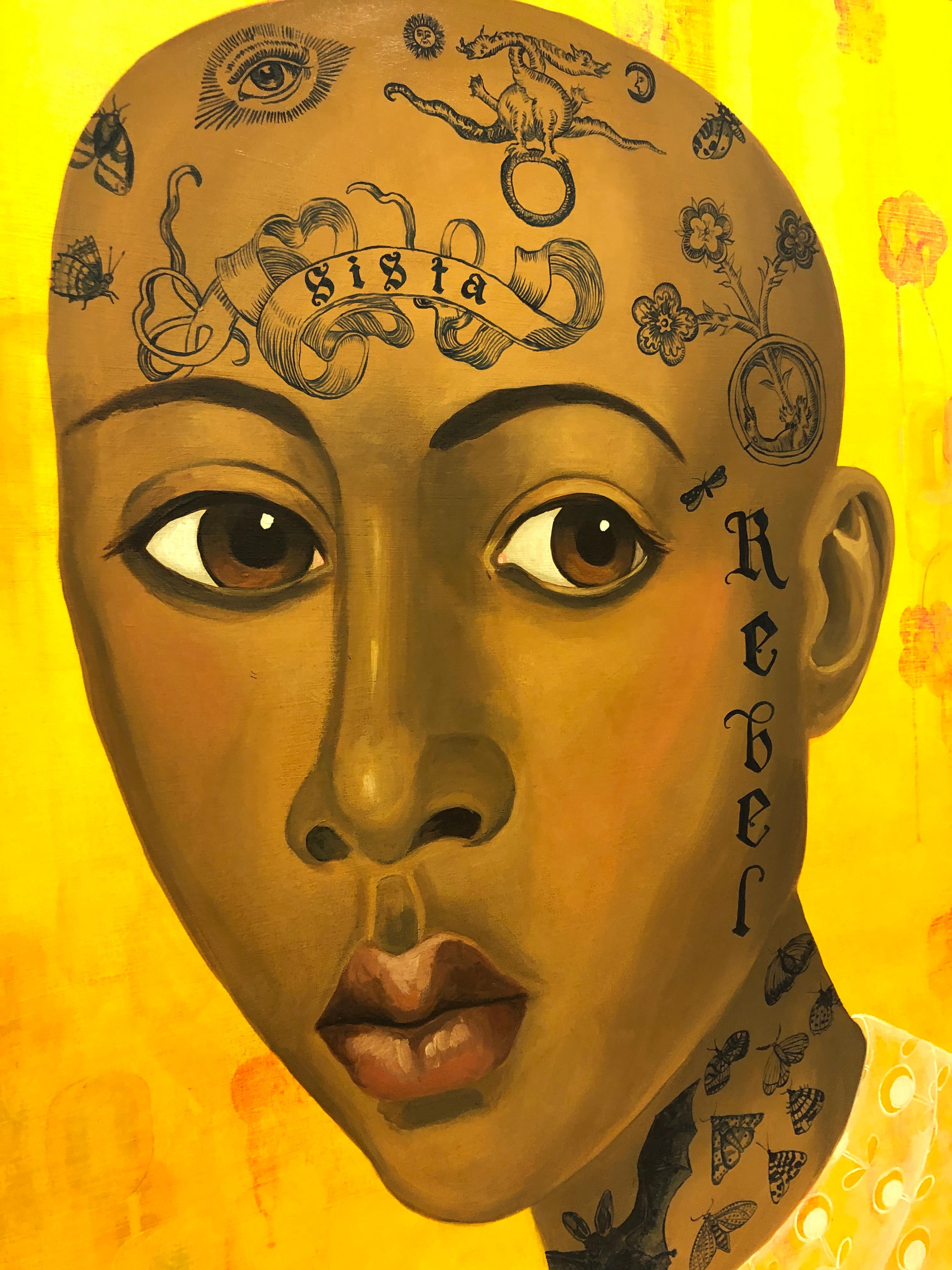 Sistah, Surreal Figurative Portrait with Symbolic Tattoos and golden background - Orange Figurative Painting by Anne Siems