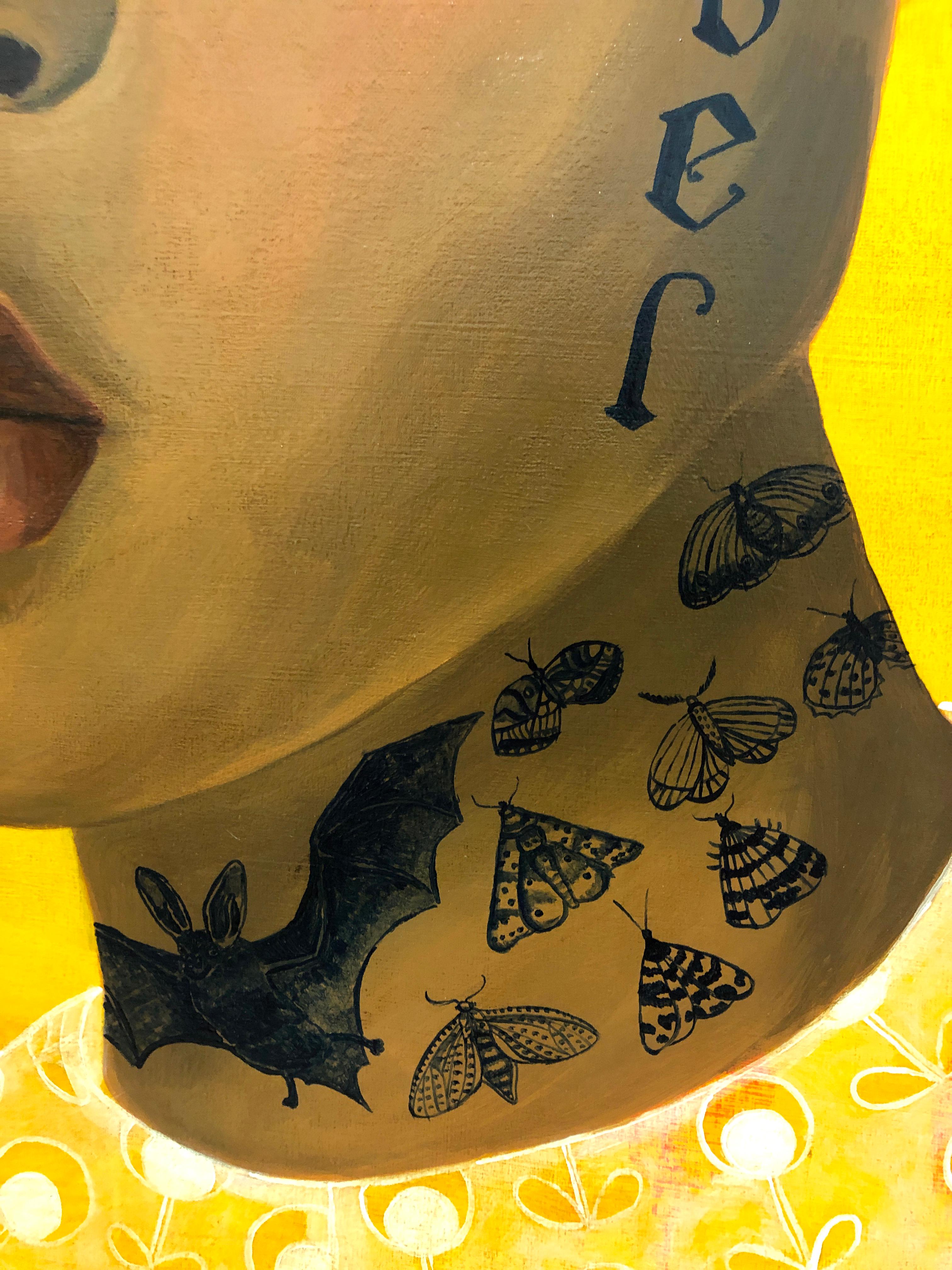 Sistah
Acrylic on wood panel
36 × 36 inches  91 × 91 cm

Anne Siems’ Sistah is a bold and luminous portrait celebrating identity, empowerment, and self-definition. Set against a radiant golden-yellow background, the central figure meets the viewer