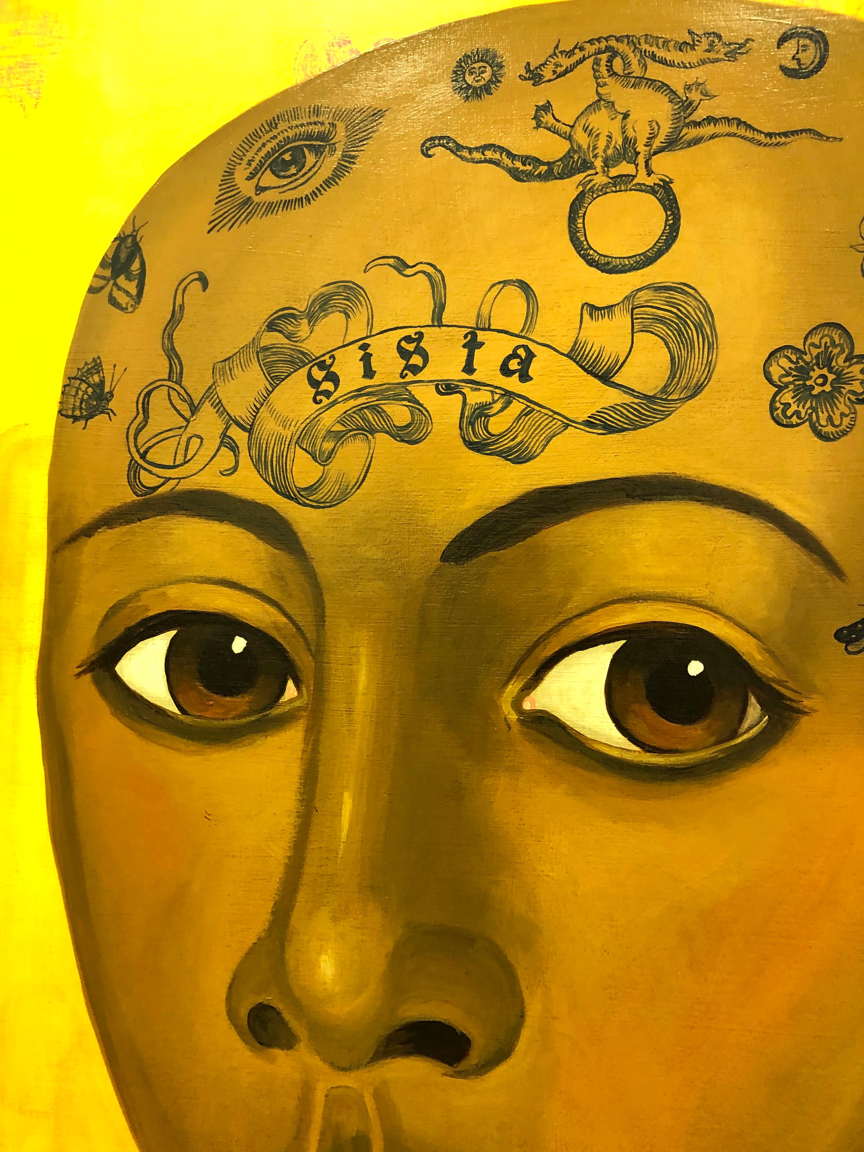 Sistah, Surreal Figurative Portrait with Symbolic Tattoos and golden background For Sale 1