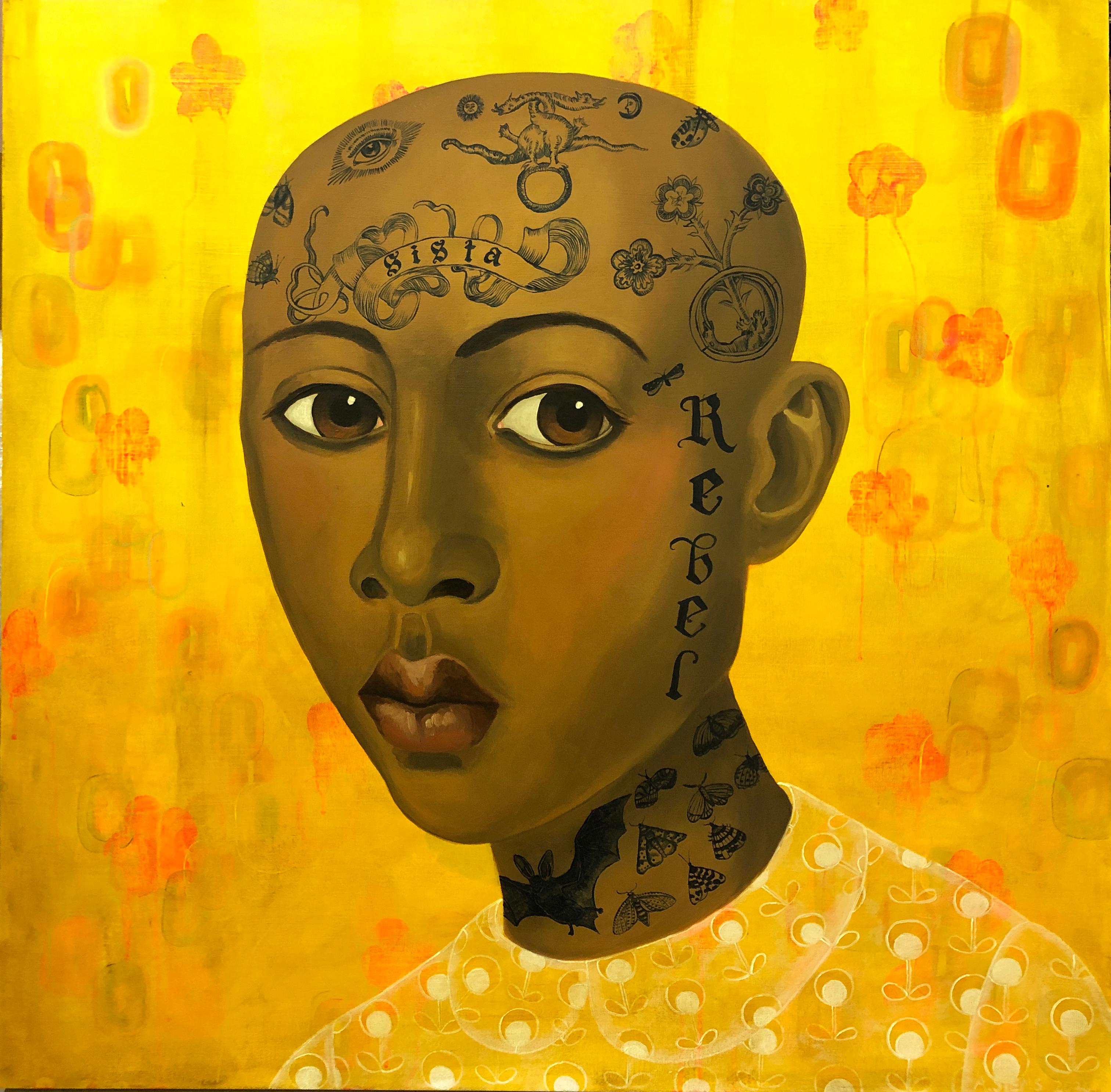 Sistah, Surreal Figurative Portrait with Symbolic Tattoos and golden background For Sale 4