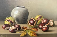 Ein wunderschönes Stillleben aus Kastanienholz mit Krug des britischen Künstlers