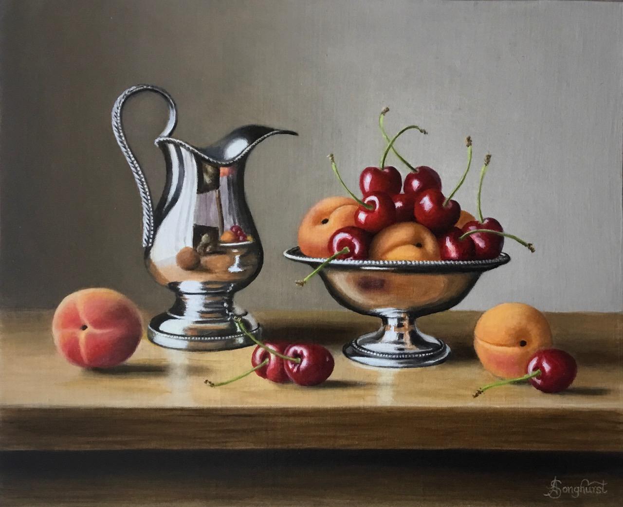 Apicots and Cherries-original realism still life oil painting-contemporary Art