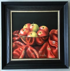 Apples in a Brass Bowl - original modern still life oil paint hyper realism art