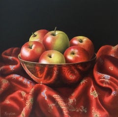 Apples in a Brass Bowl - original modern still life oil paint hyper realism art