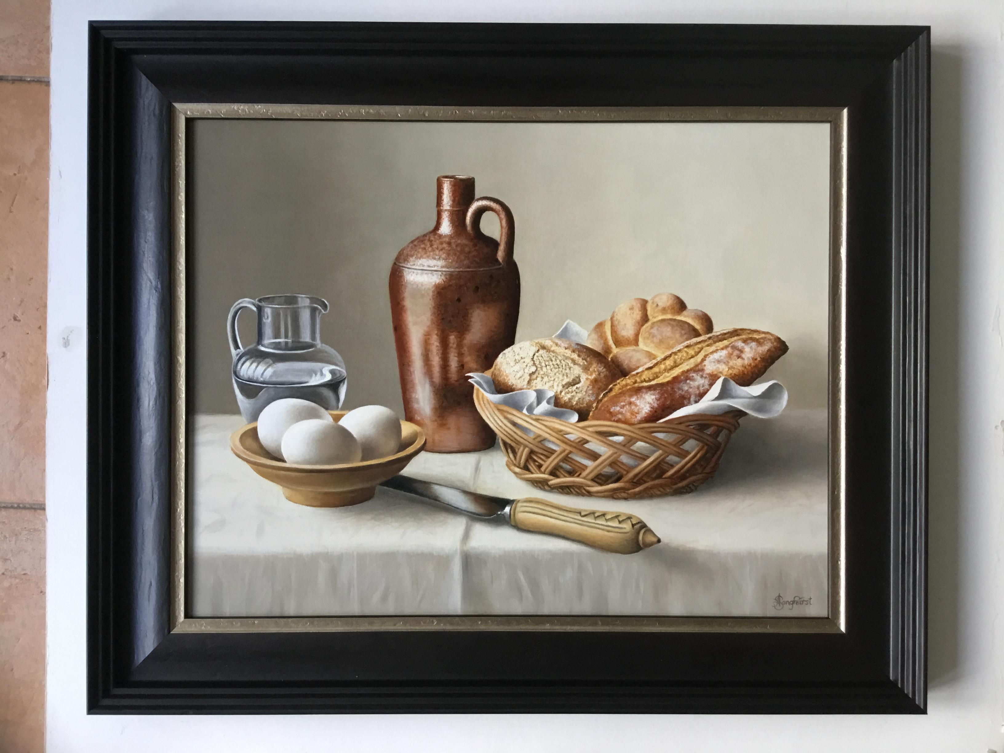 Bread and Eggs - modern oil painting realism still life dutch traditional food - Painting by Anne Songhurst