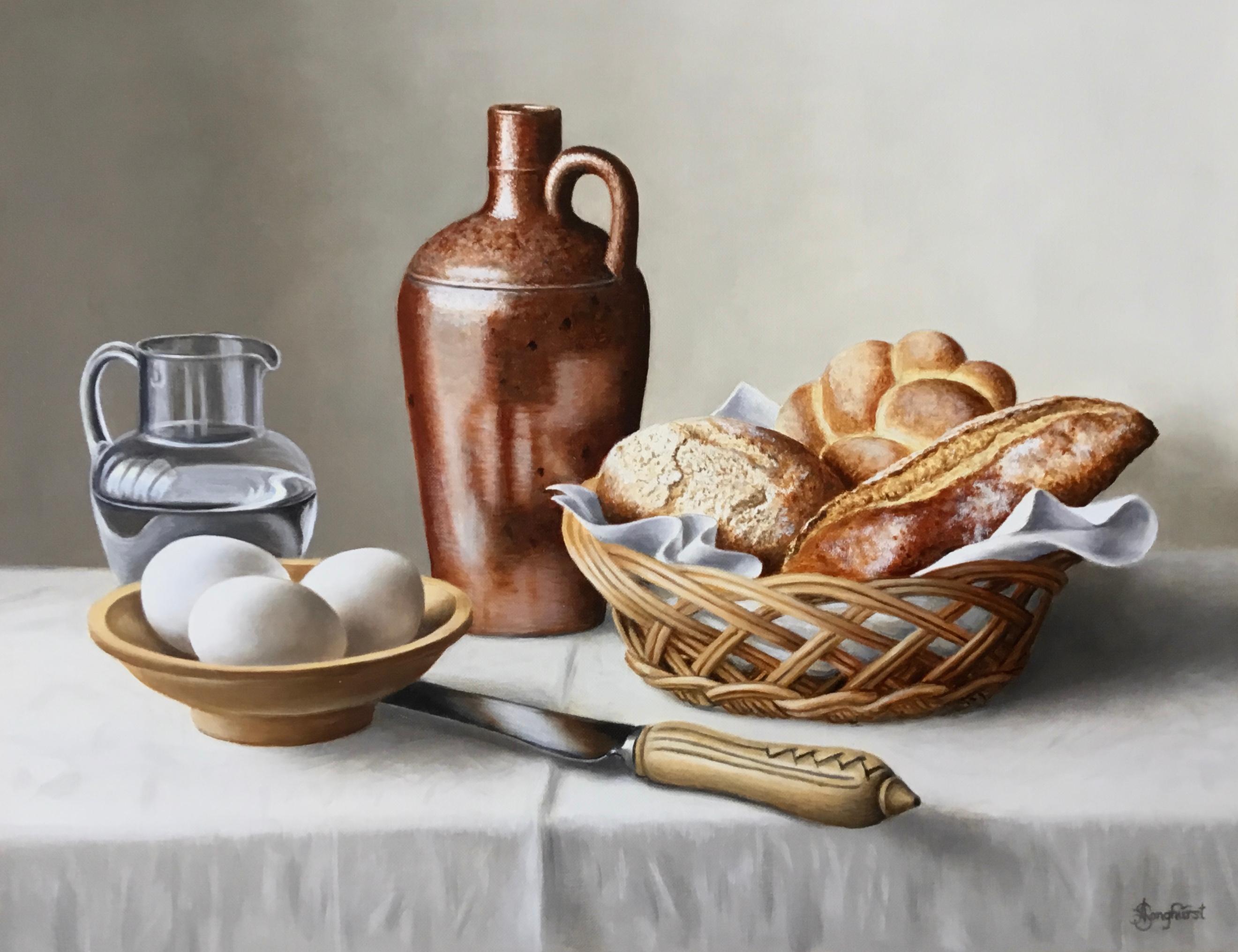 Anne Songhurst Still-Life Painting - Bread and Eggs - modern oil painting realism still life dutch traditional food