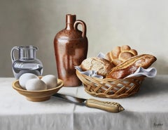 Brot und Eier - modernes Ölgemälde, Realismus, Stillleben, Tschechische traditionelle Lebensmittel