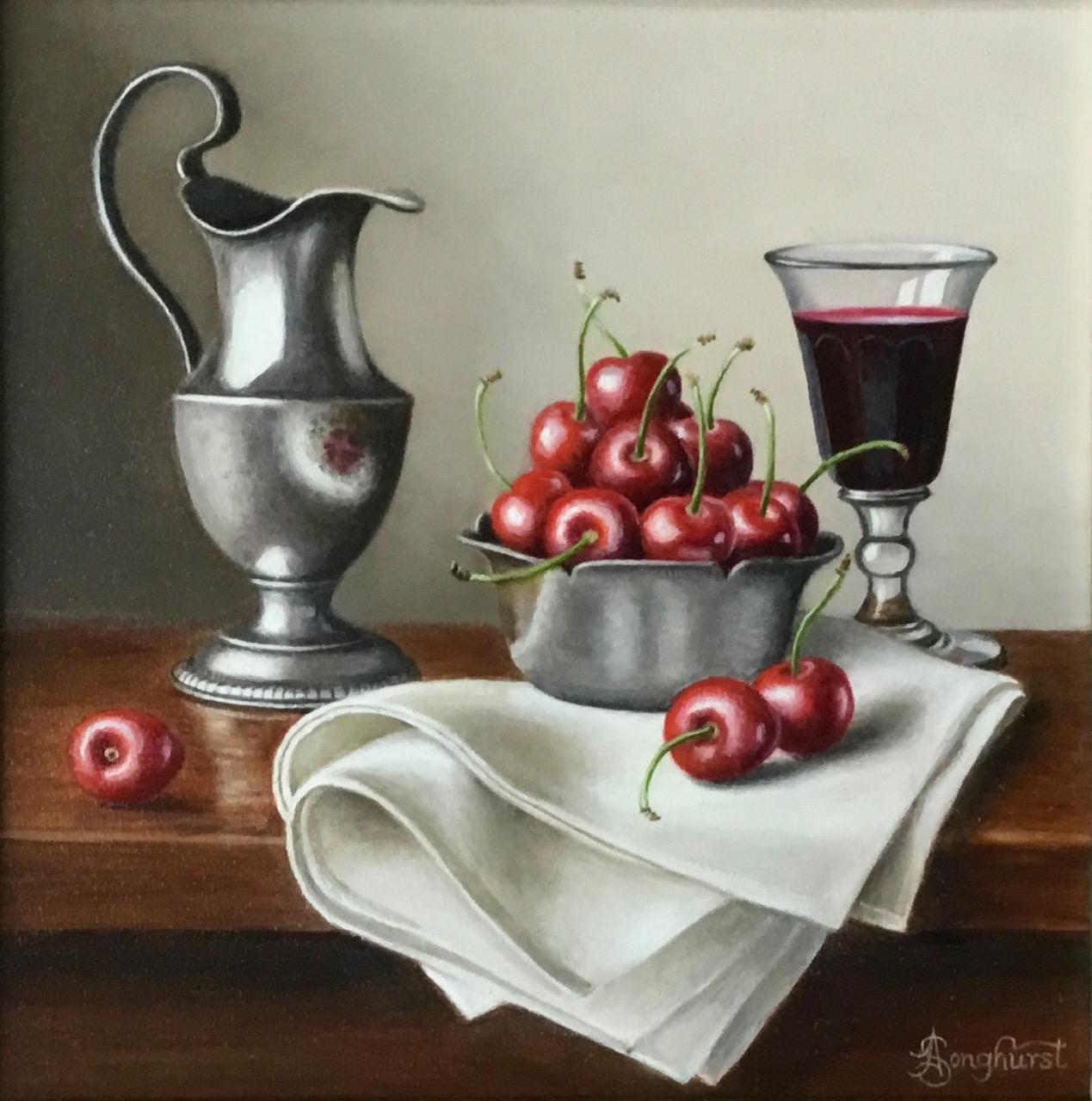 Cherries in a Pewter Bowl -modern, still life original photorealism oil painting