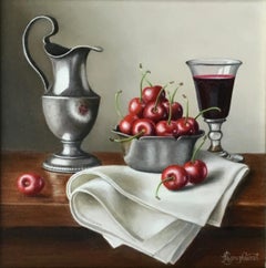 Cherries in a Pewter Bowl-original realism still life painting-contemporary Art