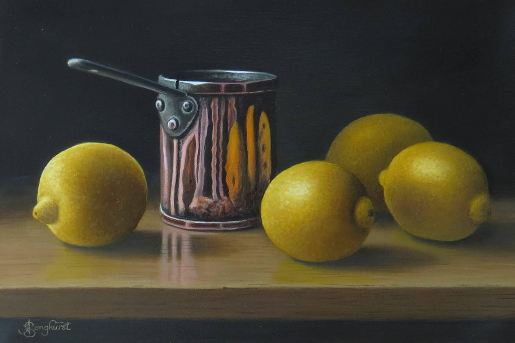 Anne Songhurst Interior Painting - Contemporary Still Life Painting of Copper Pan with Lemons from British Artist