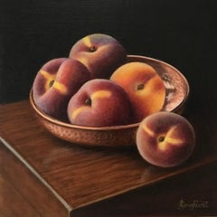 Copper Bowl with Peaches - realism modern contemporary still life oil artwork 