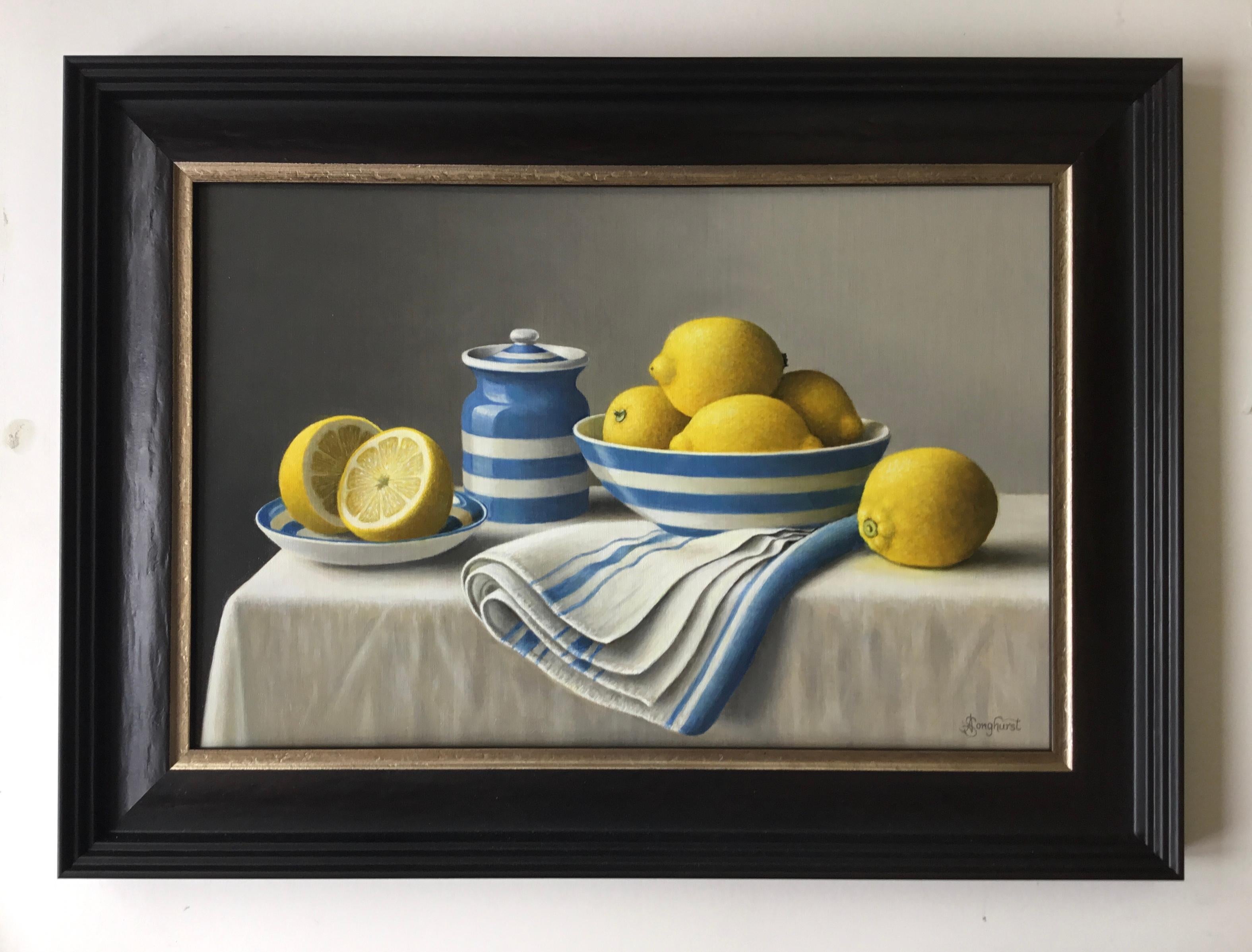 Cornishware with Lemons - original classical fruit still life oil artwork  - Painting by Anne Songhurst