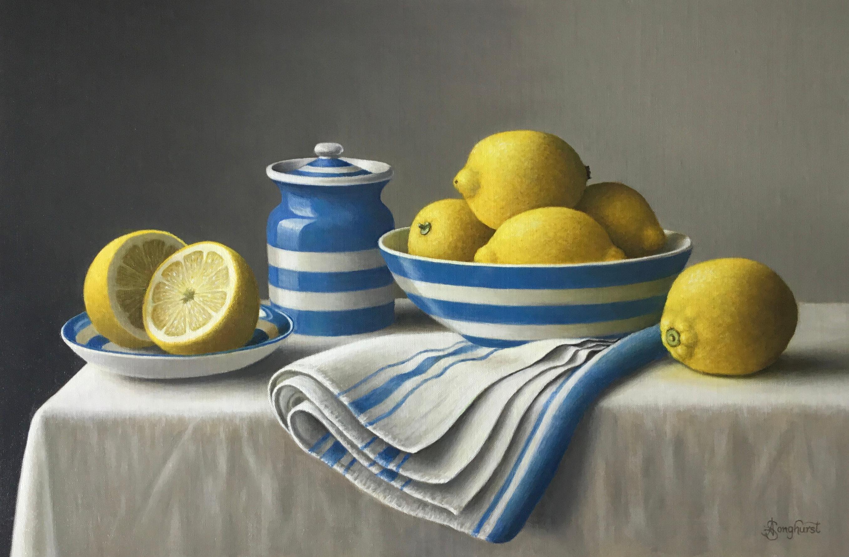 Anne Songhurst Still-Life Painting - Cornishware with Lemons - original classical fruit still life oil artwork 