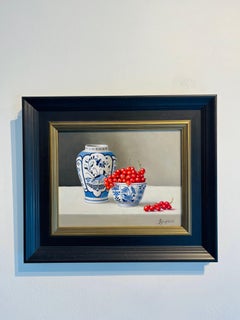 Delfware with Redcurrents - still life original photorealism oil painting modern