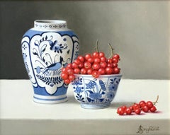 Delfware with Redcurrents - still life original photorealism oil painting modern