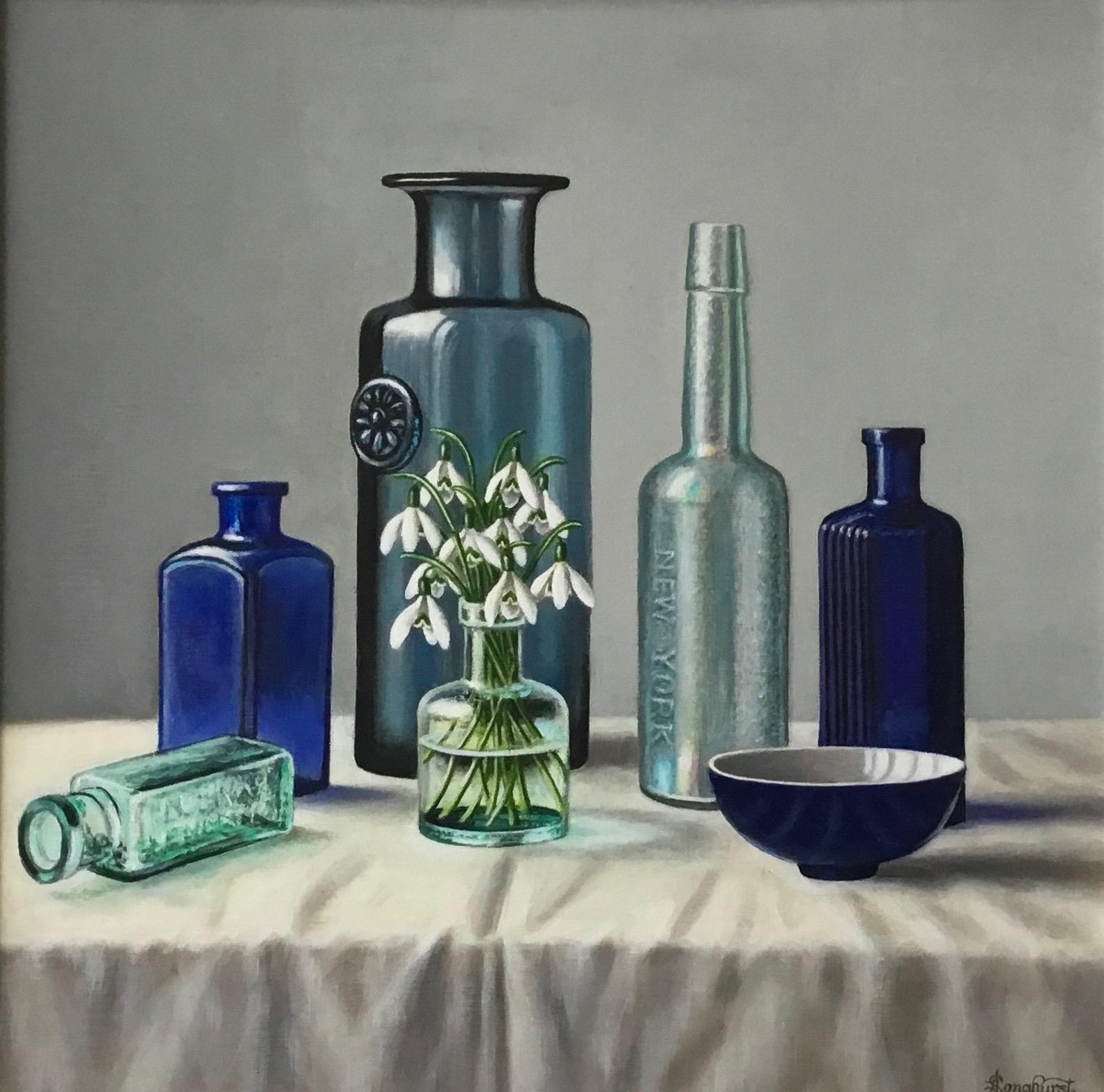 Glass Bottles with Snowdrops - modern artwork, contemporary realism oil painting