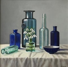 Glass Bottles with Snowdrops - modern contemporary realism oil painting artwork