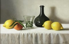 Onion Bottle with Lemons-original realism still life painting-contemporary Art