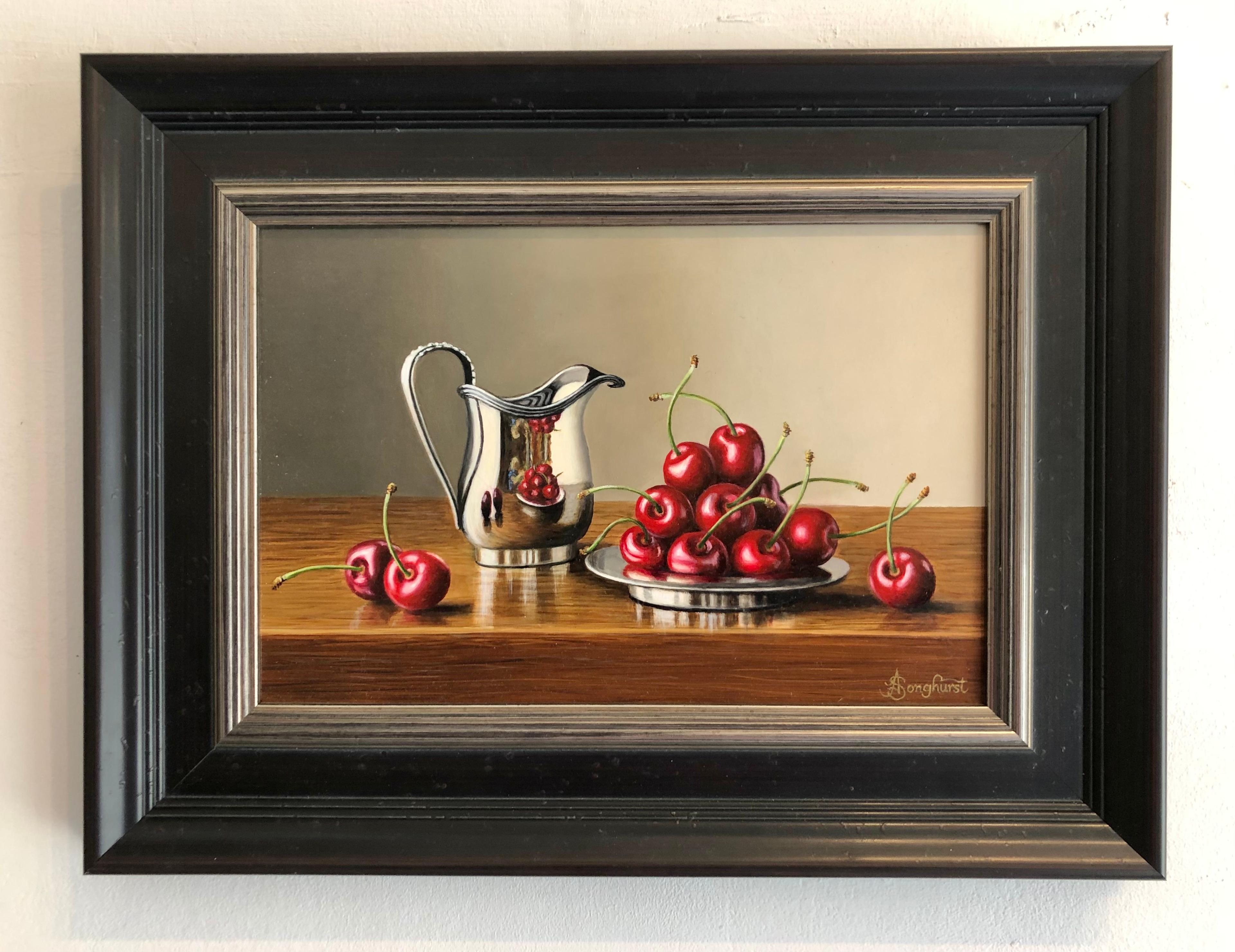 Silver Jug with Cherries -contemporary realism still life painting-FREE Shipping - Painting by Anne Songhurst
