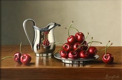Silver Jug with Cherries -contemporary realism still life painting-FREE Shipping