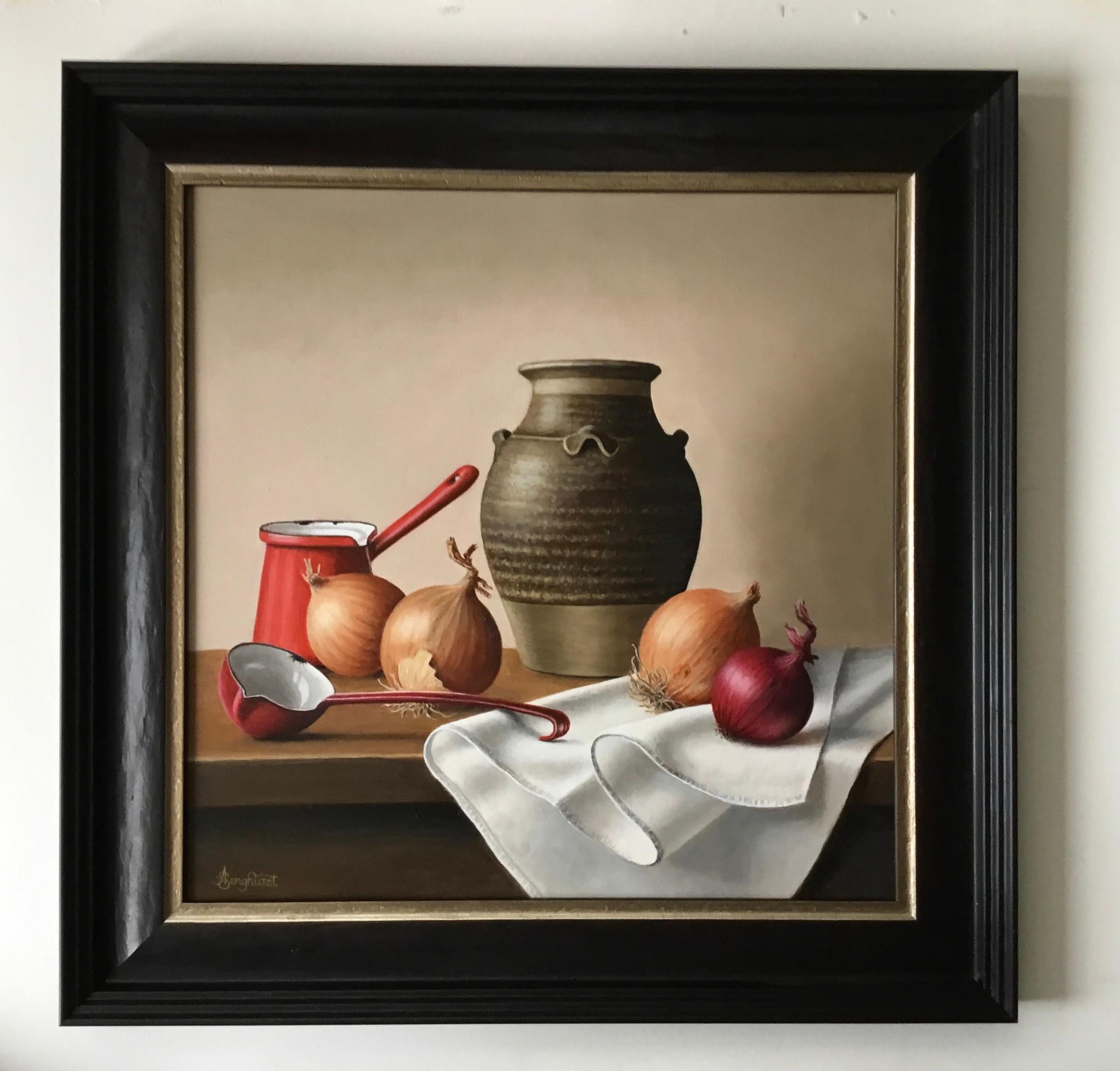 Stoneware Jar with Onions - contemporary realism still life painting classic  - Painting by Anne Songhurst