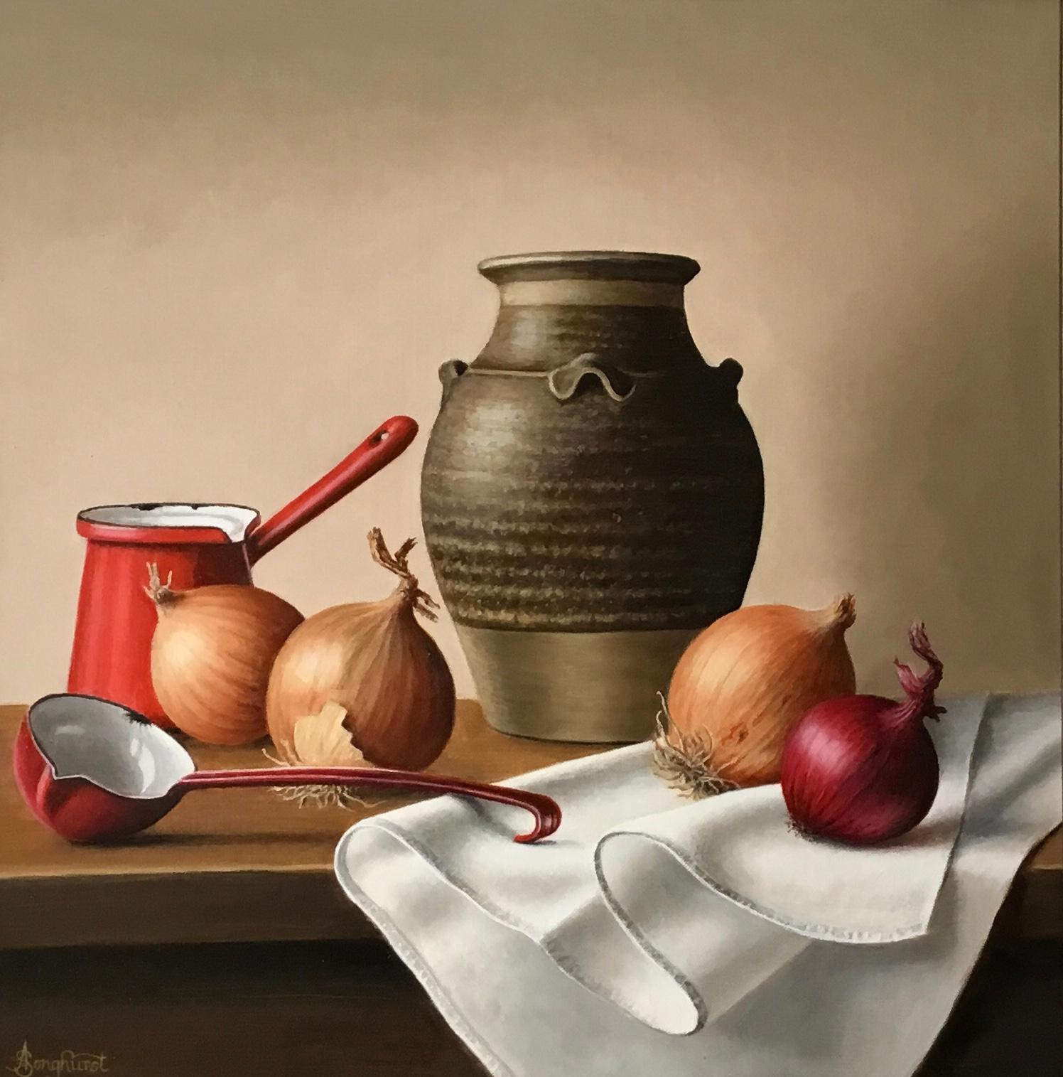 Anne Songhurst Still-Life Painting - Stoneware Jar with Onions - contemporary realism still life painting classic 