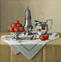 Strawberries and Silverware - modern realism dutch still life oil painting art