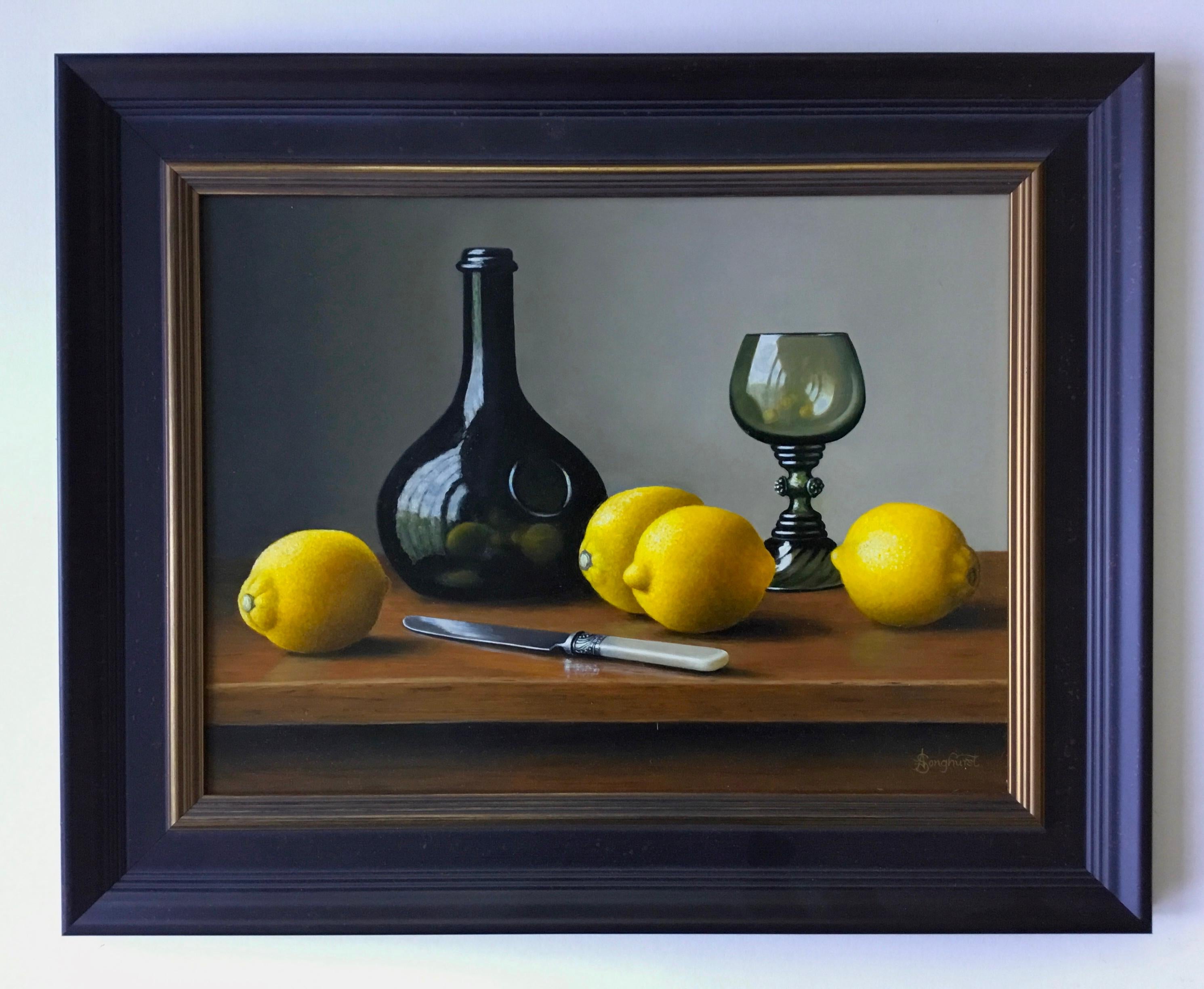 Wine Bottle with Lemons - contemporary realism still life painting-Free Shipping - Painting by Anne Songhurst