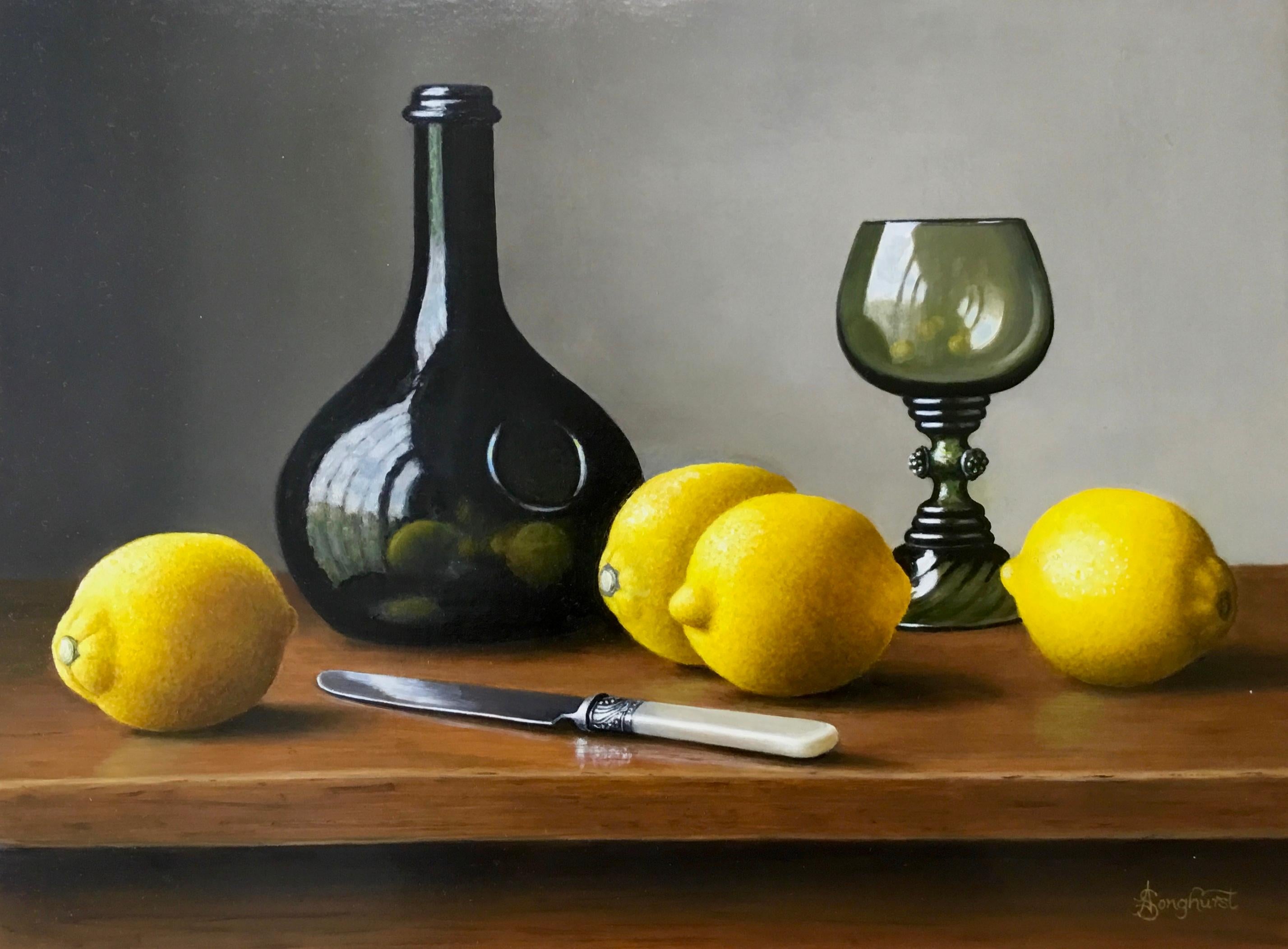 Anne Songhurst Still-Life Painting - Wine Bottle with Lemons - contemporary realism still life painting-Free Shipping
