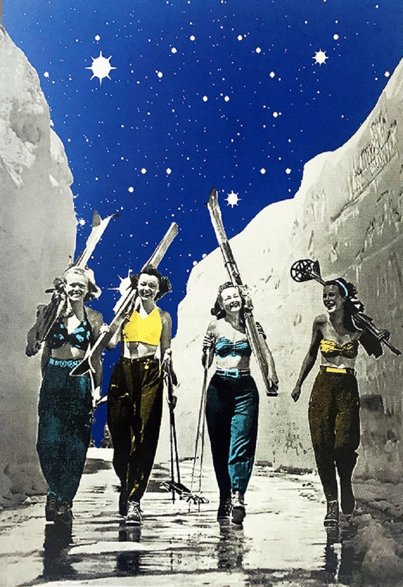 Skiing girls by Anne Storno [2021]
 
This work is inspired by collage and surrealist artworks. I like combining images removed from their original narrative context and reconfigured into a new scenario. This is a handmadescreen print using water