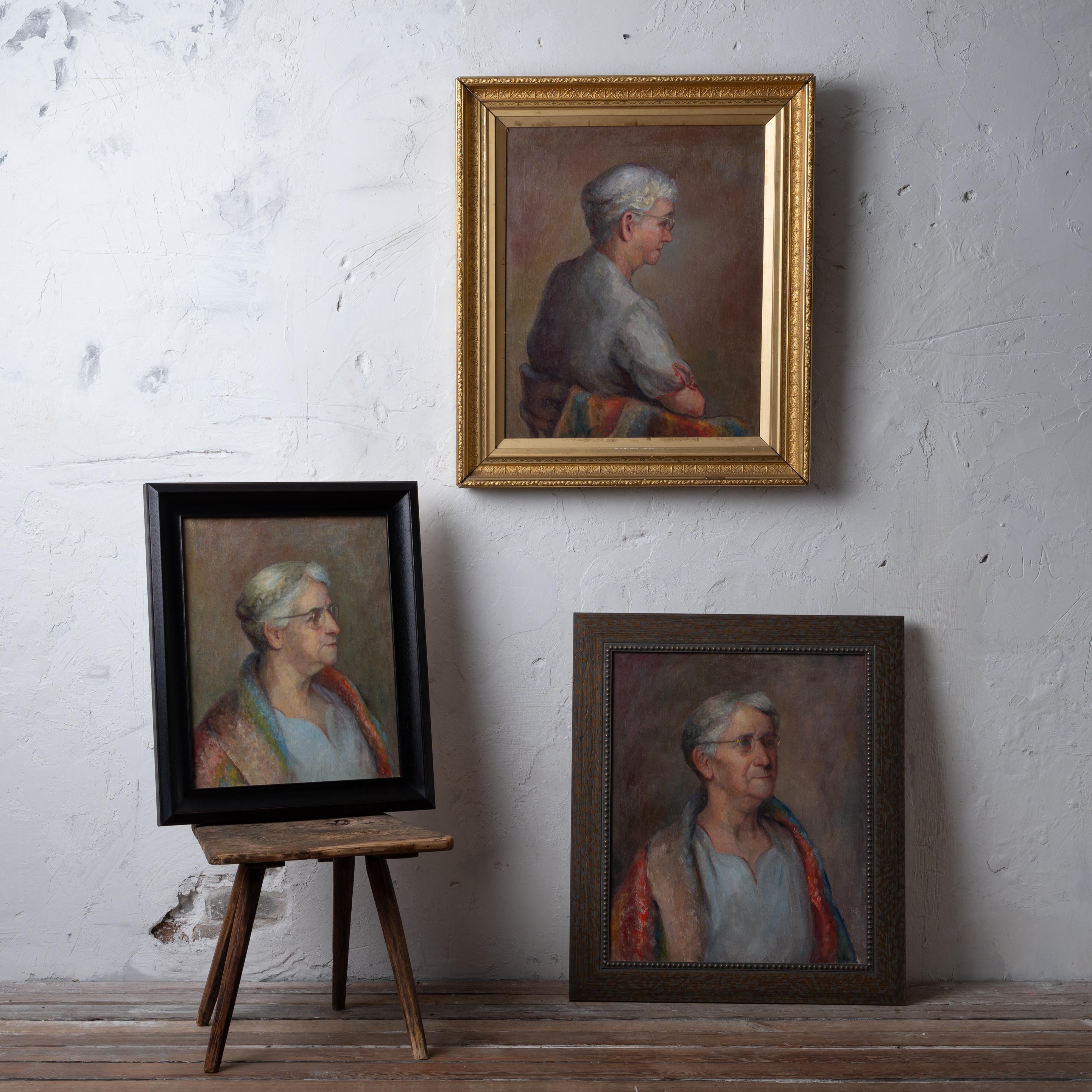 Anne Taylor Nash
(estadounidense, 1884-1968)

Estudios de retrato de una matrona, hacia 1960
óleo sobre lienzo

dos lienzos grandes: 20 por 24 pulgadas
marco más grande: 27 por 31 pulgadas 

lienzo más pequeño 16 por 20 
marco: 20 ½ por 24 ½