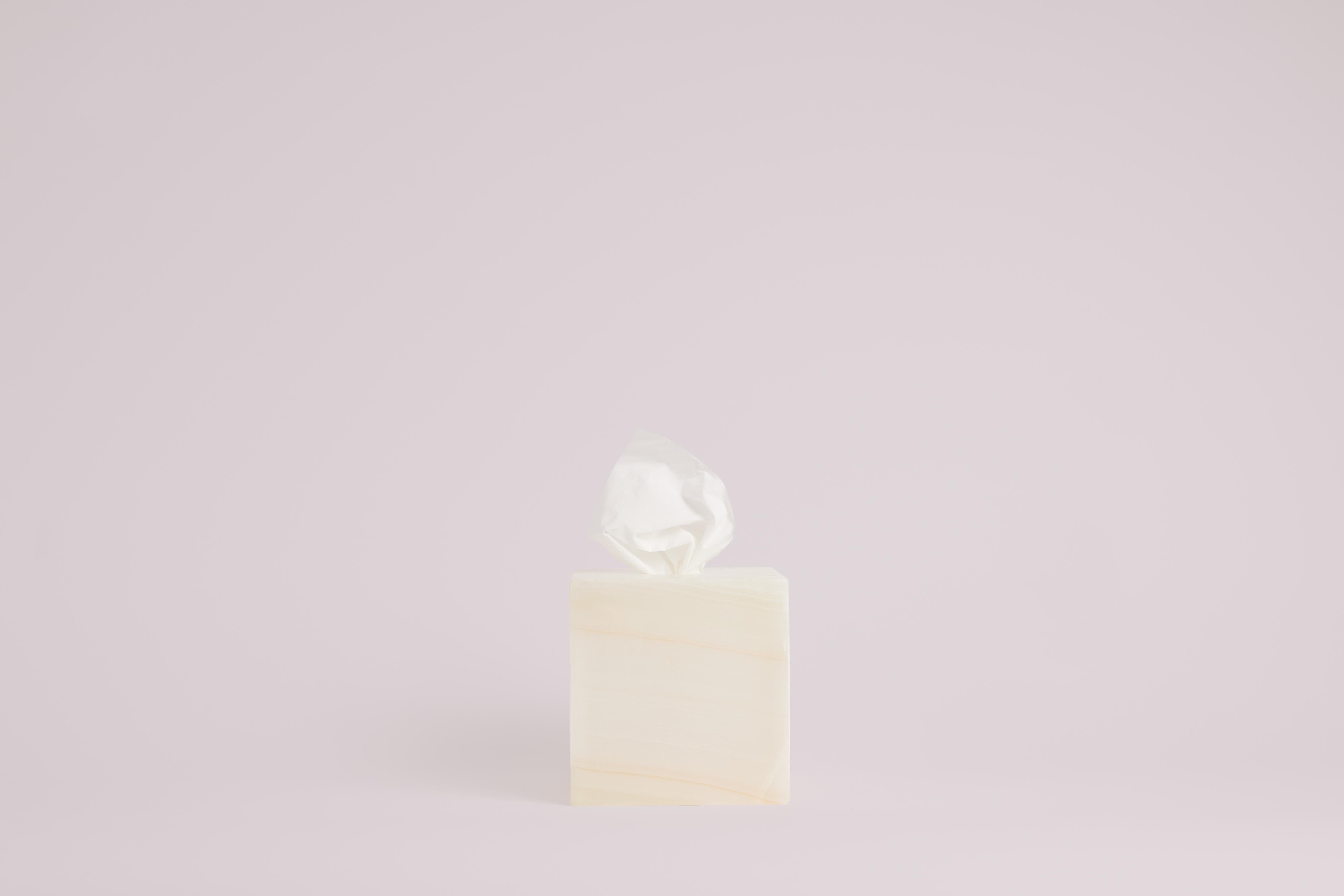The Anne Tissue Box in White Onyx, designed by Studio Gaïa, is a stylish and functional accessory designed to add a touch of sophistication to any space. Made from high-quality red onyx, this tissue box combines the natural beauty of the stone with