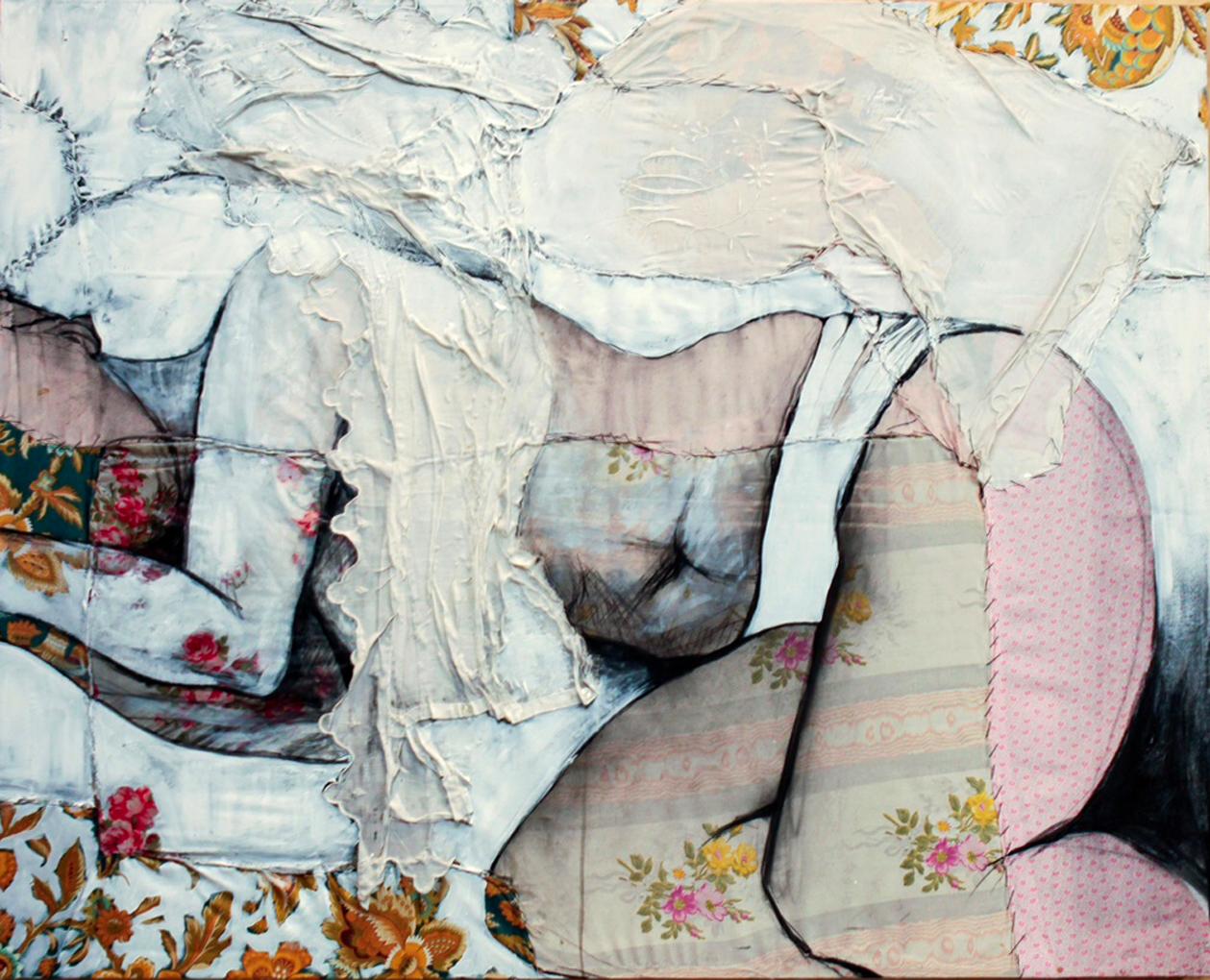 Lea 2, sensual fabric painting of sleeping woman, by Anne Valérie Dupond