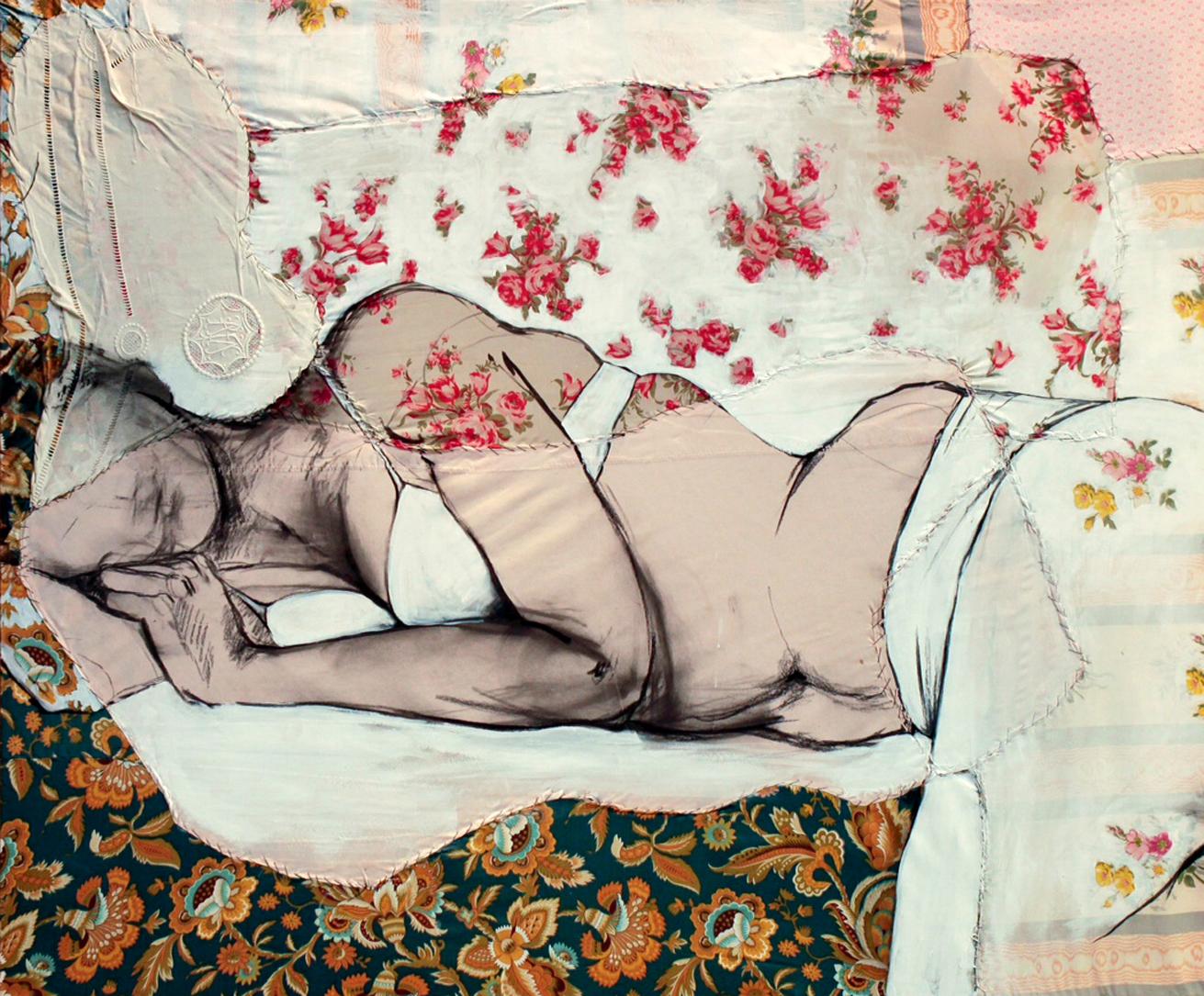Lea 4, sensual fabric painting of sleeping woman, by Anne Valérie Dupond