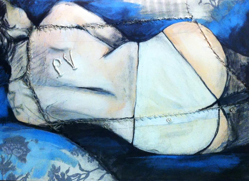 Petite Pauline, female nude fabric painting with blue, by Anne Valérie Dupond