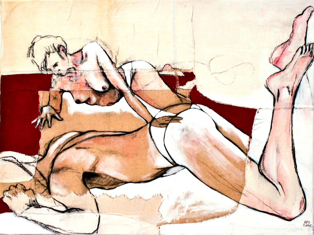 Study for Jo I, sensual fabric painting with nudes, by Anne Valérie Dupond