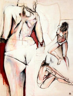 Study for Jo III, modern fabric painting with nudes, by Anne Valérie Dupond