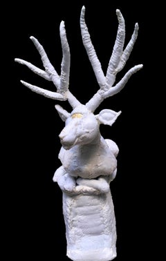 Alsatia - Contemporary Soft Fabric Sculpture, White Deer with Large Antlers