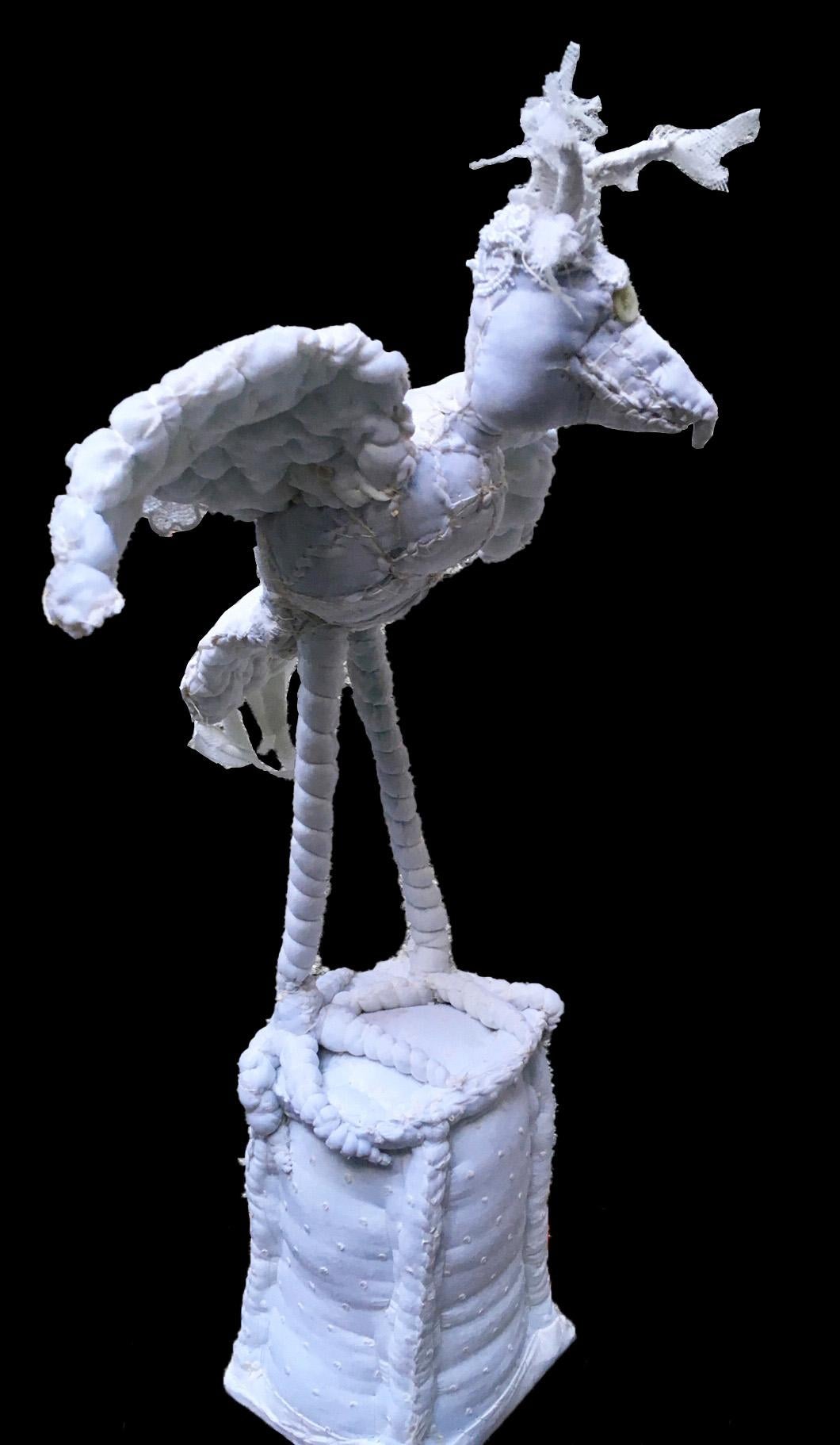 Corentin Bird – Whimsical Contemporary Textile Bird Sculpture - Mixed Media Art by Anne Valérie Dupond