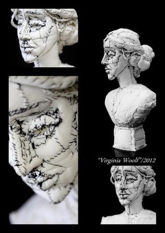 Virginia Woolf Writer, White Fabric Textile Sculpture, Surreal Figurative Art