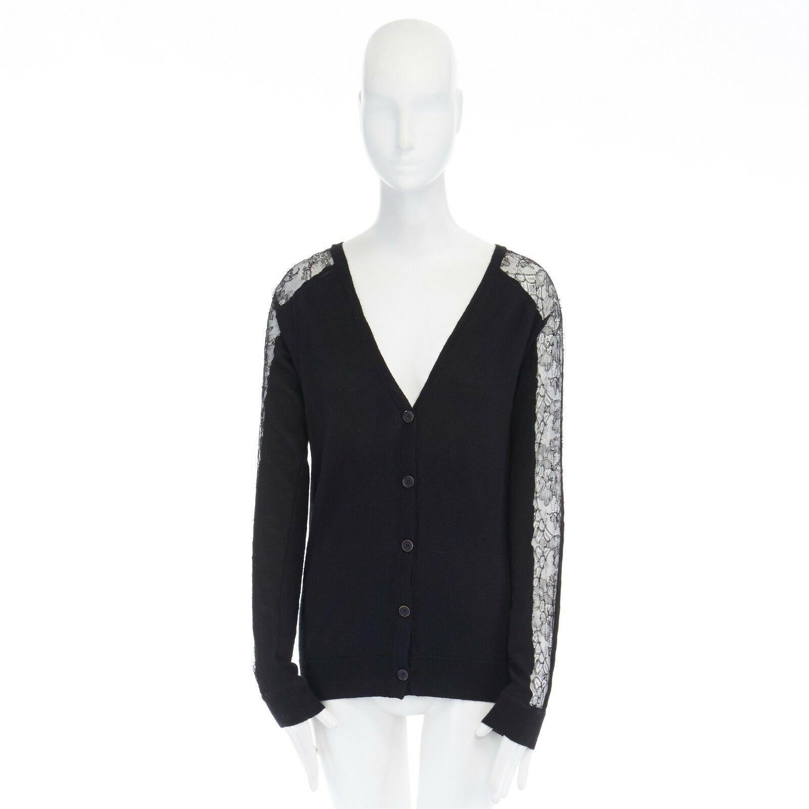 Black ANNE VALERIE HASH black sheer lace sleeves V-neck button front cardigan XS