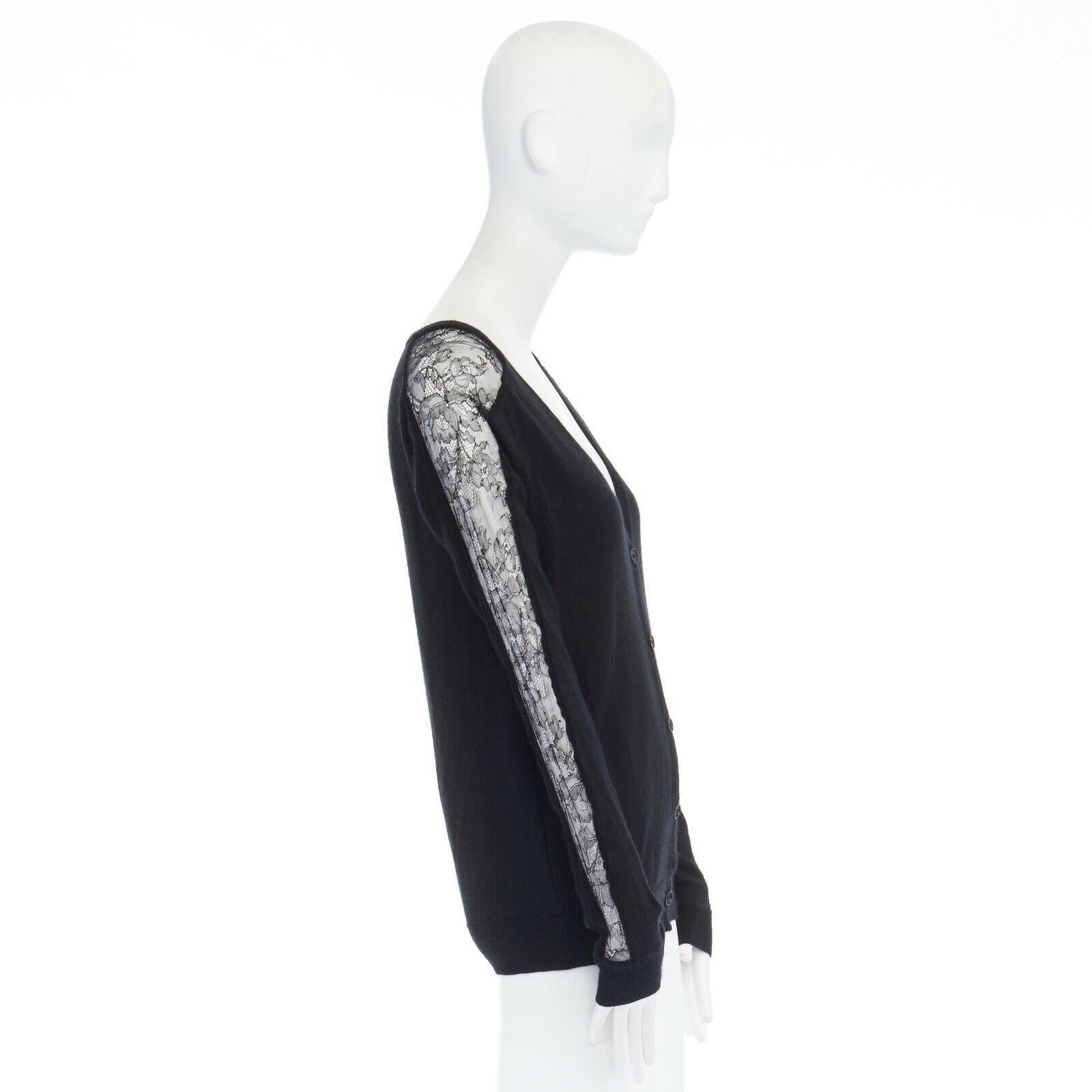 Women's ANNE VALERIE HASH black sheer lace sleeves V-neck button front cardigan XS