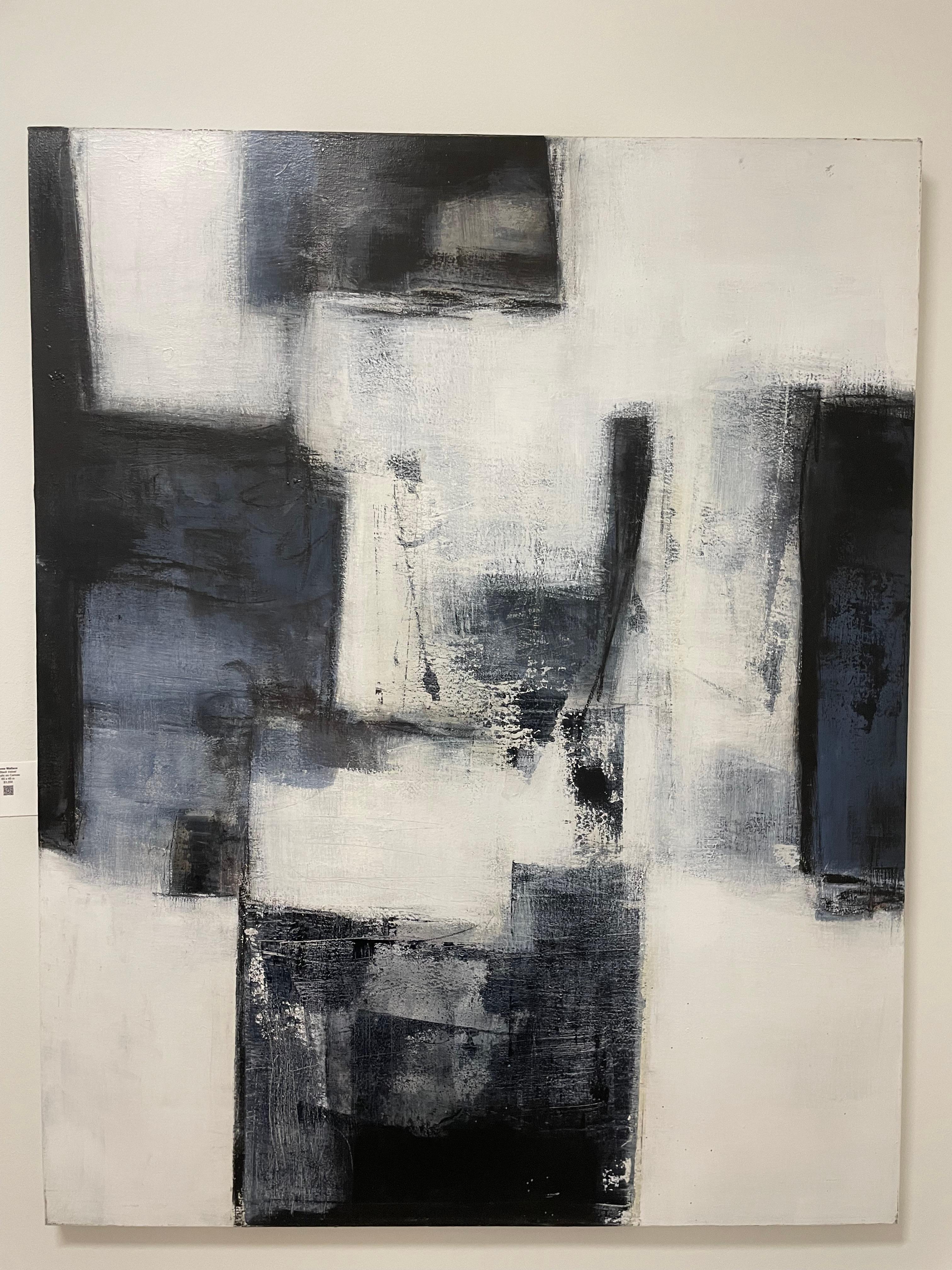 This abstract piece by Anne Wallace is made of acrylic paint on canvas, and is 60 x 48 inches. It is priced at $3,200. Wallace's works seek to convey a sense of serenity, which is conveyed here with her gestural, color field style, as well as her