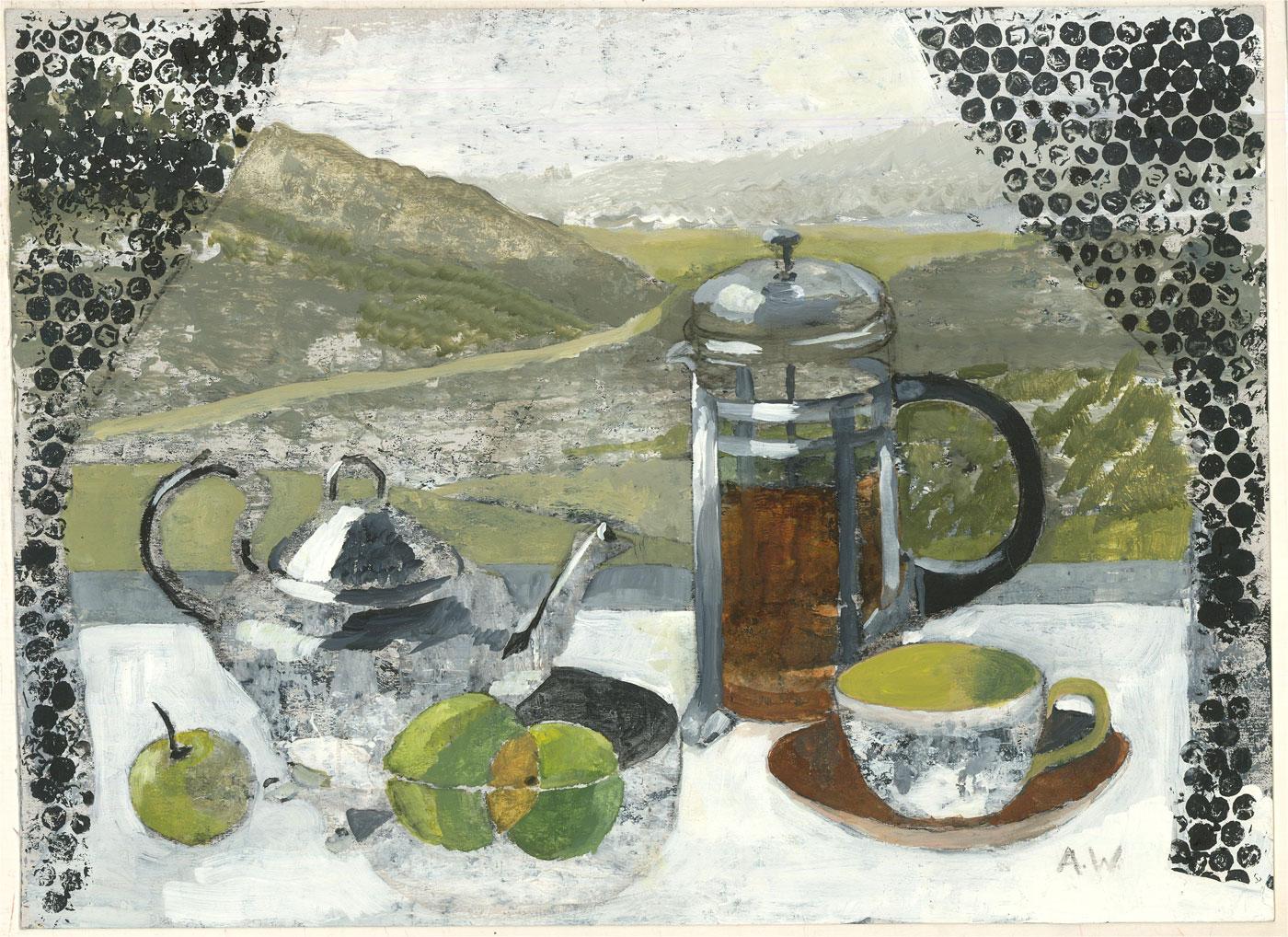 Anne Williams - 20th Century Acrylic, Coffee in the Window For Sale 1